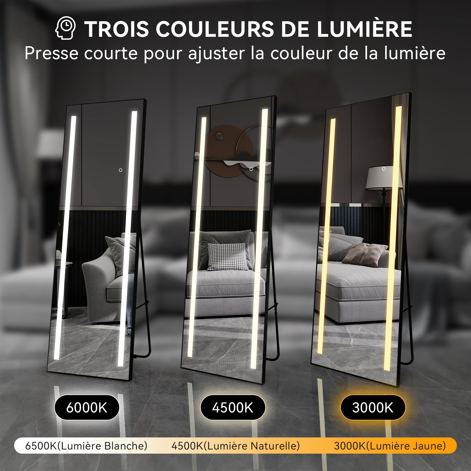 Grand Miroir sur Pied LED 150x50cm, Miroir Plein Pied Mural, 3 Couleurs Dimmable, Cadre Aluminium, Rectangulaire Noir