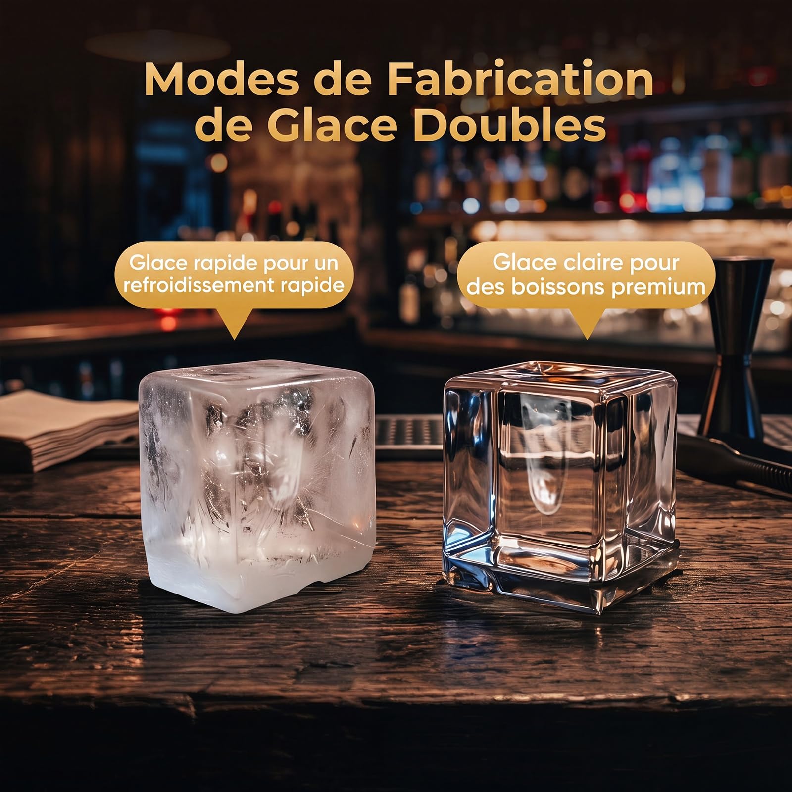 COSTWAY Machine a Glacons Transparents de Comptoir | Machine à Glace Silencieuse 12 kg/24h, Glaçons Carrés 4 cm à Fonte Lente, Épaisseur Réglable Auto-Nettoyage, Minuterie 24H
