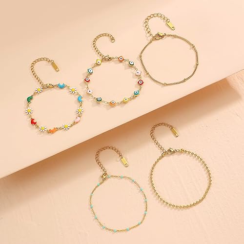 Miniatura 5 de Pulseras de oro para mujer, delicadas pulseras apilables chapadas en oro de 18 quilates para mujer, juego de pulseras de oro que no se deslustra,