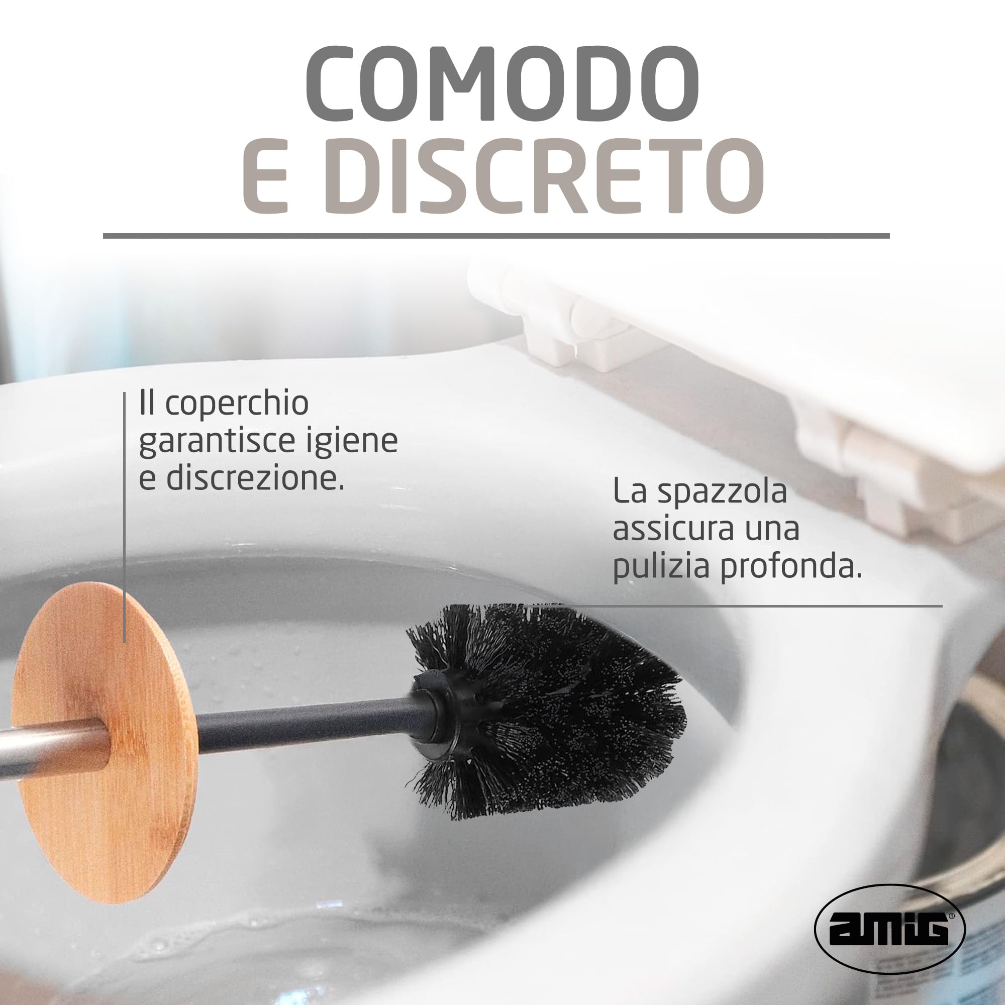 Amig Naturline Set Pattumiera e Portascopino Ø168x230 mm Acciaio Bambù Bianco