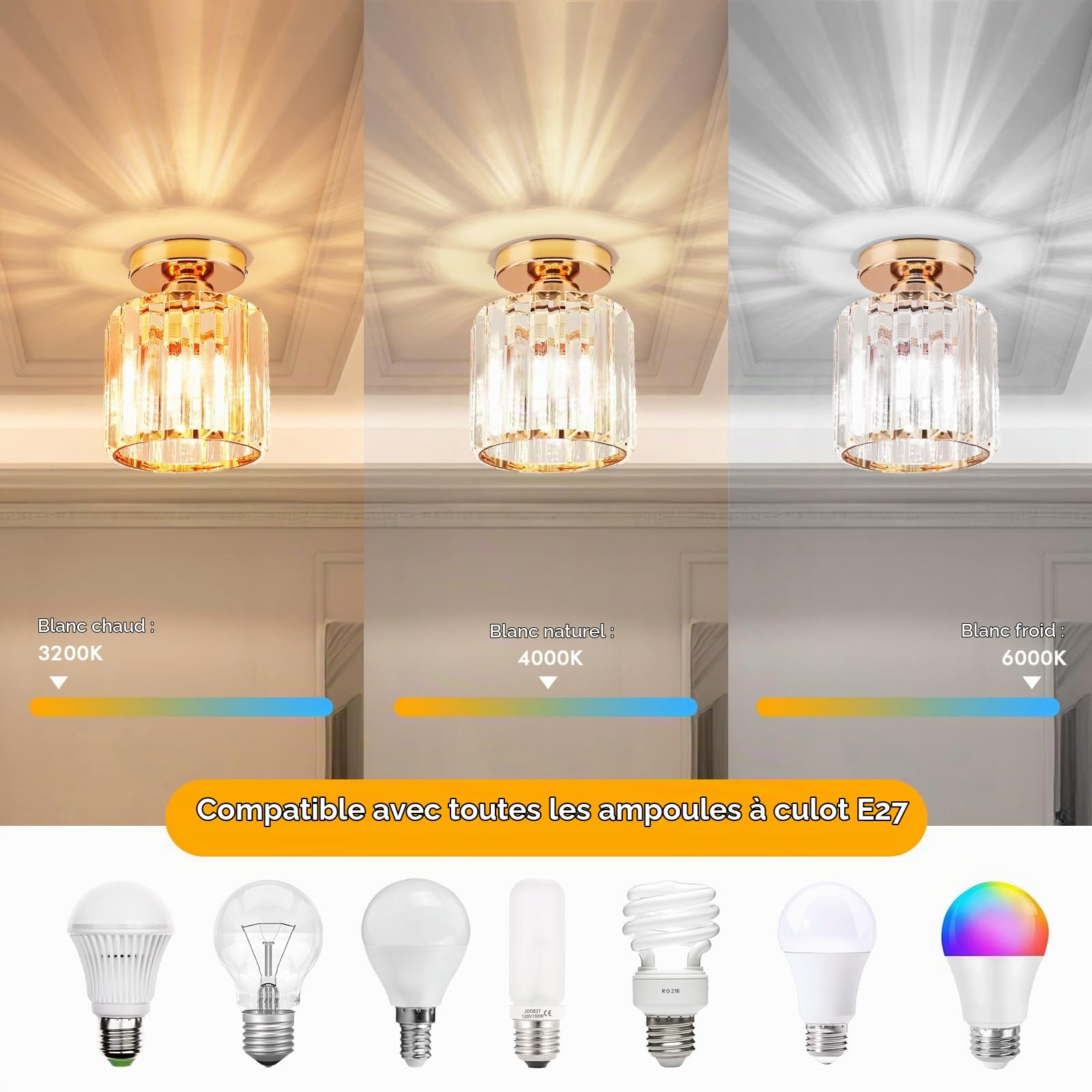 ALLOMN Plafonnier en Cristal Doré Semi-encastré, Lustre à LED Moderne pour Cuisine, Salle à Manger, Couloir, Salle de Bain, Balcon, Porche, Entrée