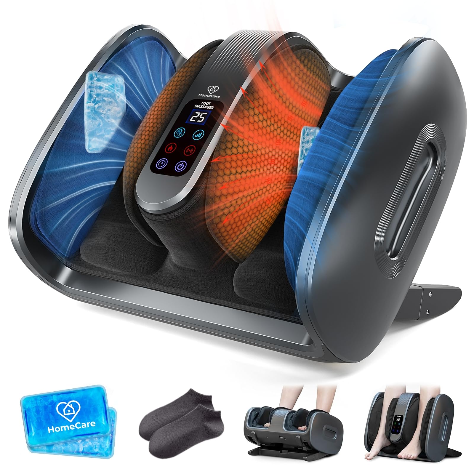 homecare shiatsu foot massager with heat & ice therapy - gray, deep kneading for plantar fasciitis & neuropathy relief, adjustable intensity, feet/leg/calf/ankle at home/office,gifts for women, men