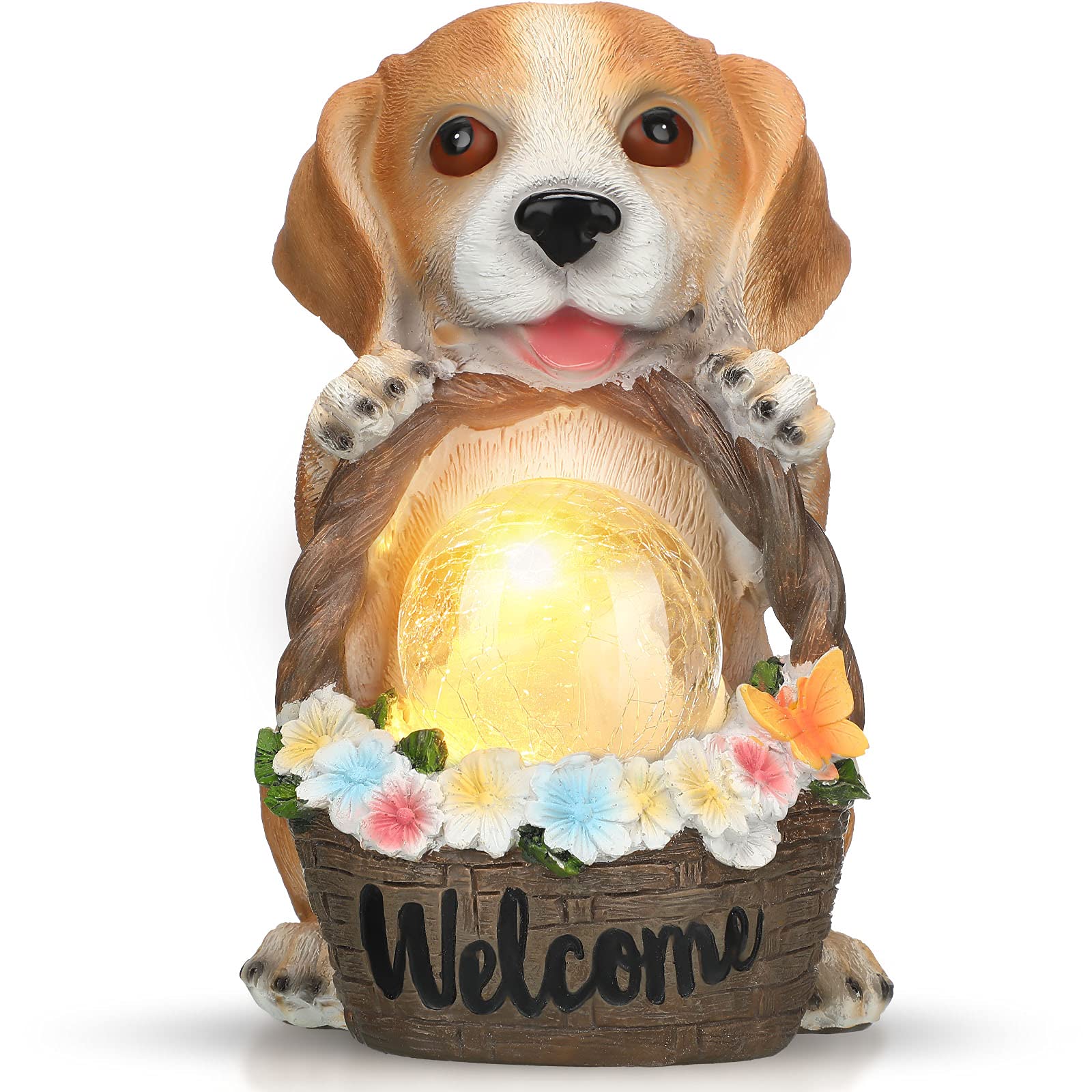 LED Puppy Dog Statue Puppy Outdoor Garden Decoration Light Waterproof Solar Powered Dog Figurine Decor for Lawn, Patio, Yard, Home Decoration, Housewarming Ornament Present (Dog Holding Basket)