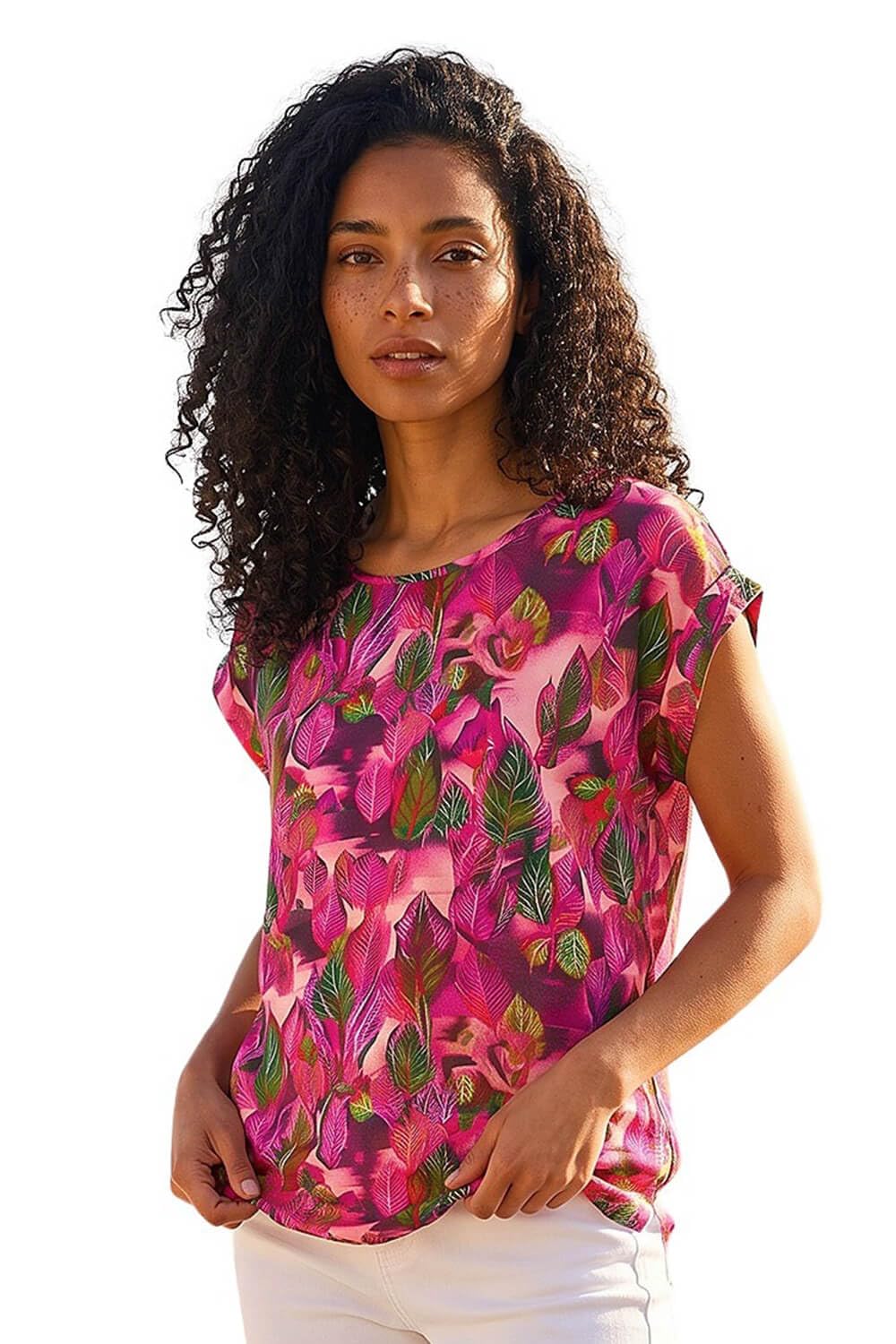 Roman Women's Pink Leaf Print Shell Top In | : Size 16