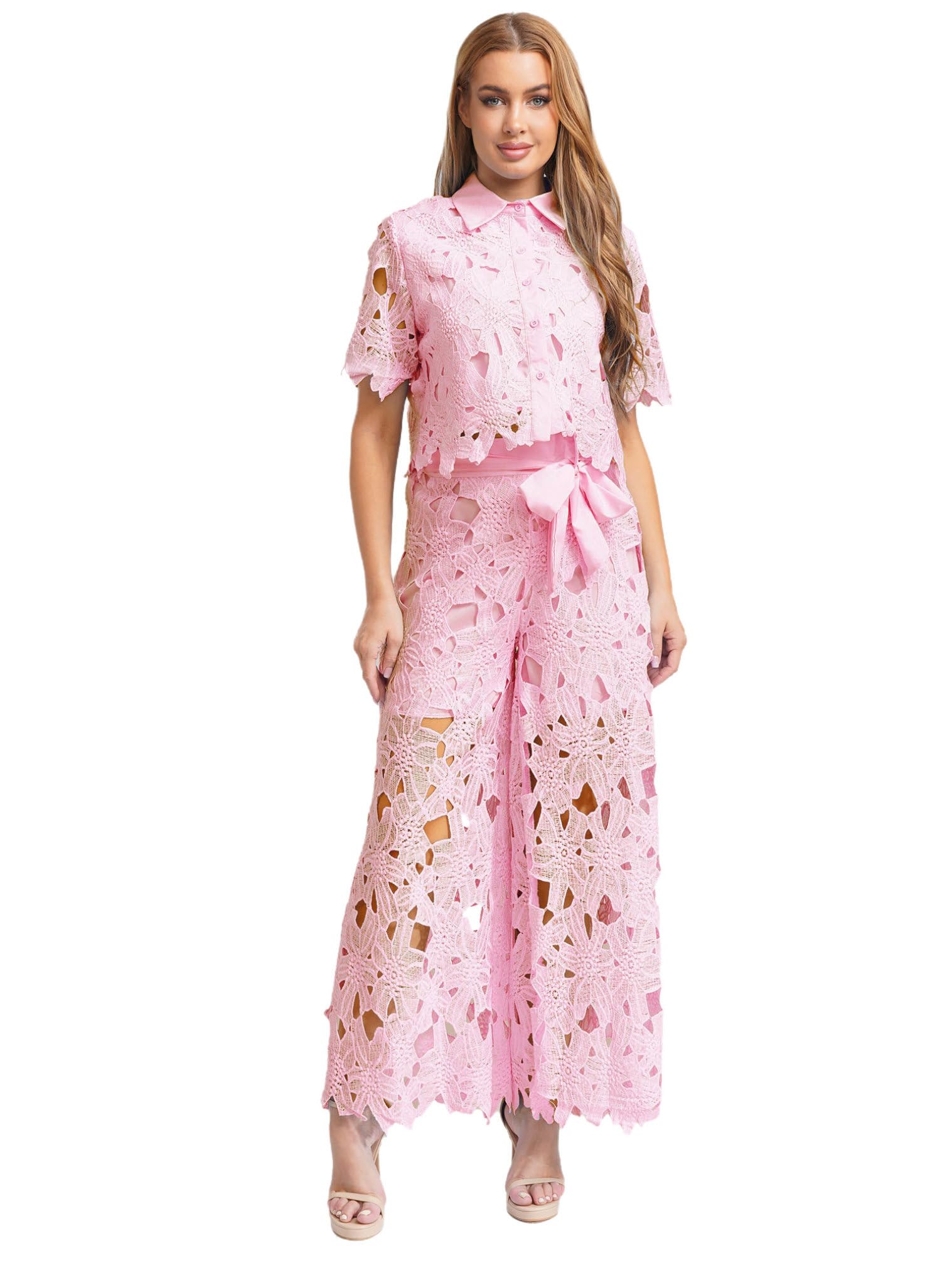 renvena Womens Chiffon Lace Outfit Floral Hollow Out Button Shirt Top Wide Leg Belted Pants 2 Piece Sets