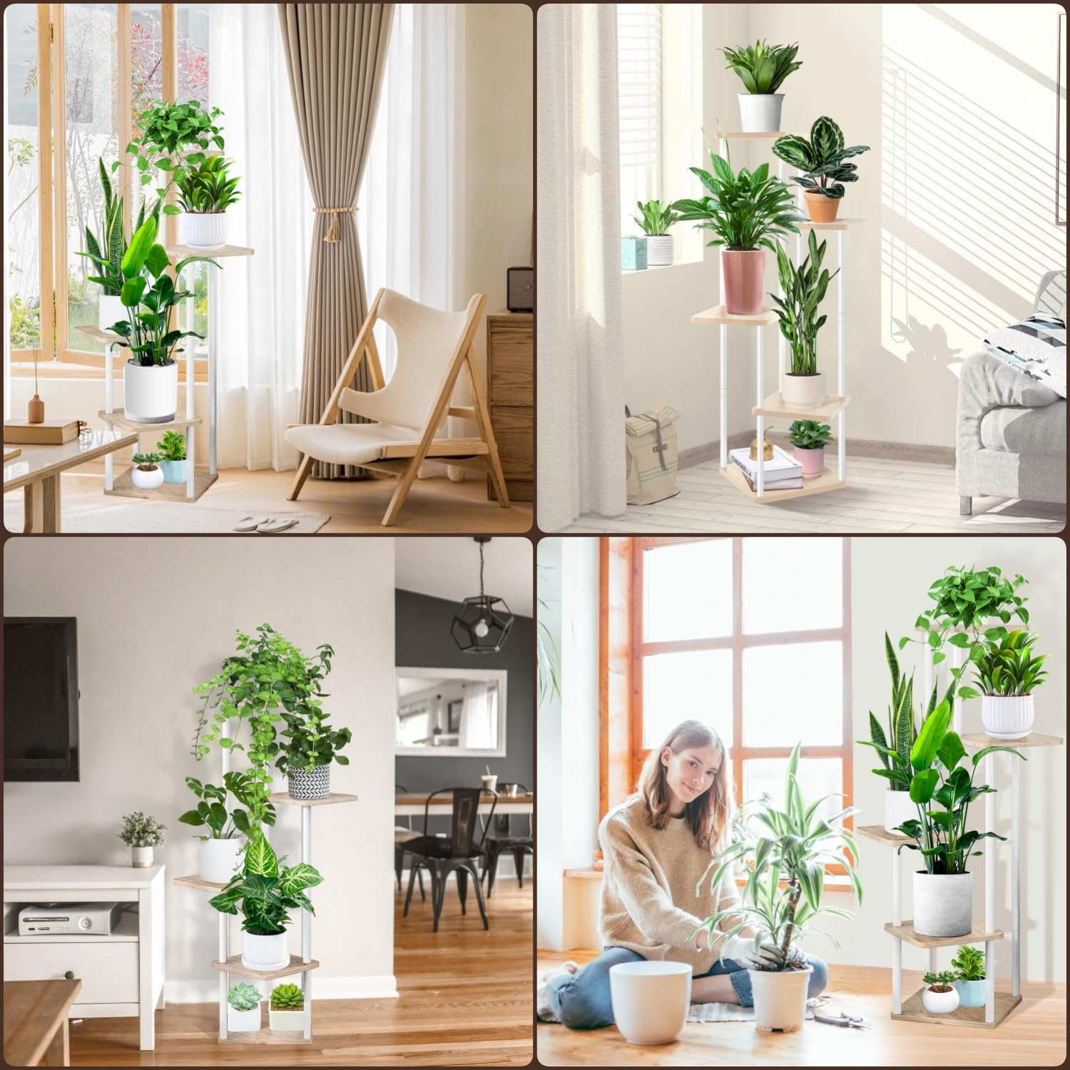 KAHEIGN 5 Niveles Soporte para Plantas de Interior, 106CM Alto Estante para Plantas de Exterior Expositor de Madera para Plantas para Patio Balcón Boho Hogar Jardín Plantas Maceta Decoración (Blanco)