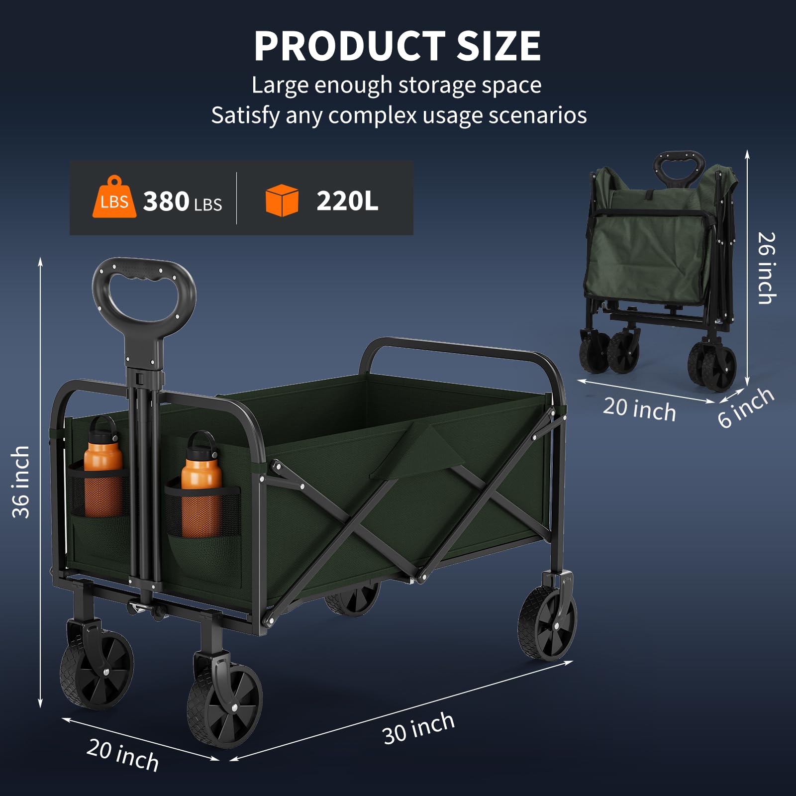 Bollerwagen Faltbar Mit Bremse,Handwagen Faltbarer 220L 172Kg 360° All-Terrain Reifen,Seitentasche,Handwagen Mit Verstellbarem Griff Perfekt Gartenwagen Reisebuggy Campingwagen Strandwagen