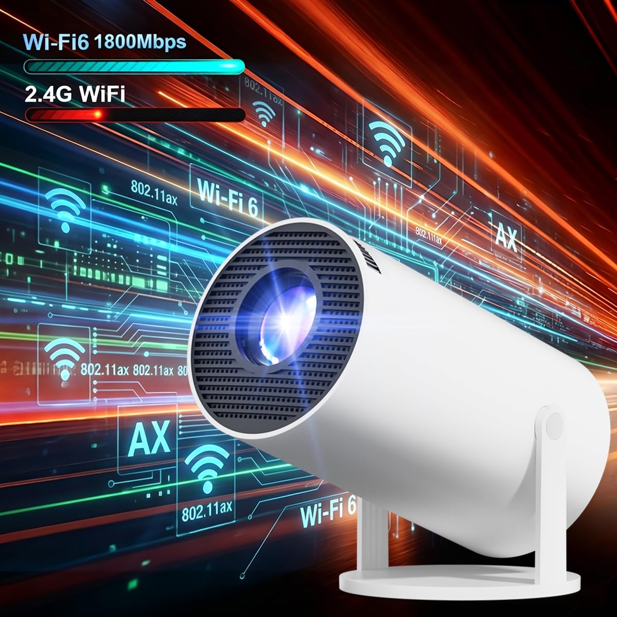 Proiettore Smart Appartamento, Nativo 1080P Supporto 4K, Android 11, WiFi 6 + Bluetooth 5.4, Rotazione di 180°, Compatibile con iOSAndroidTV