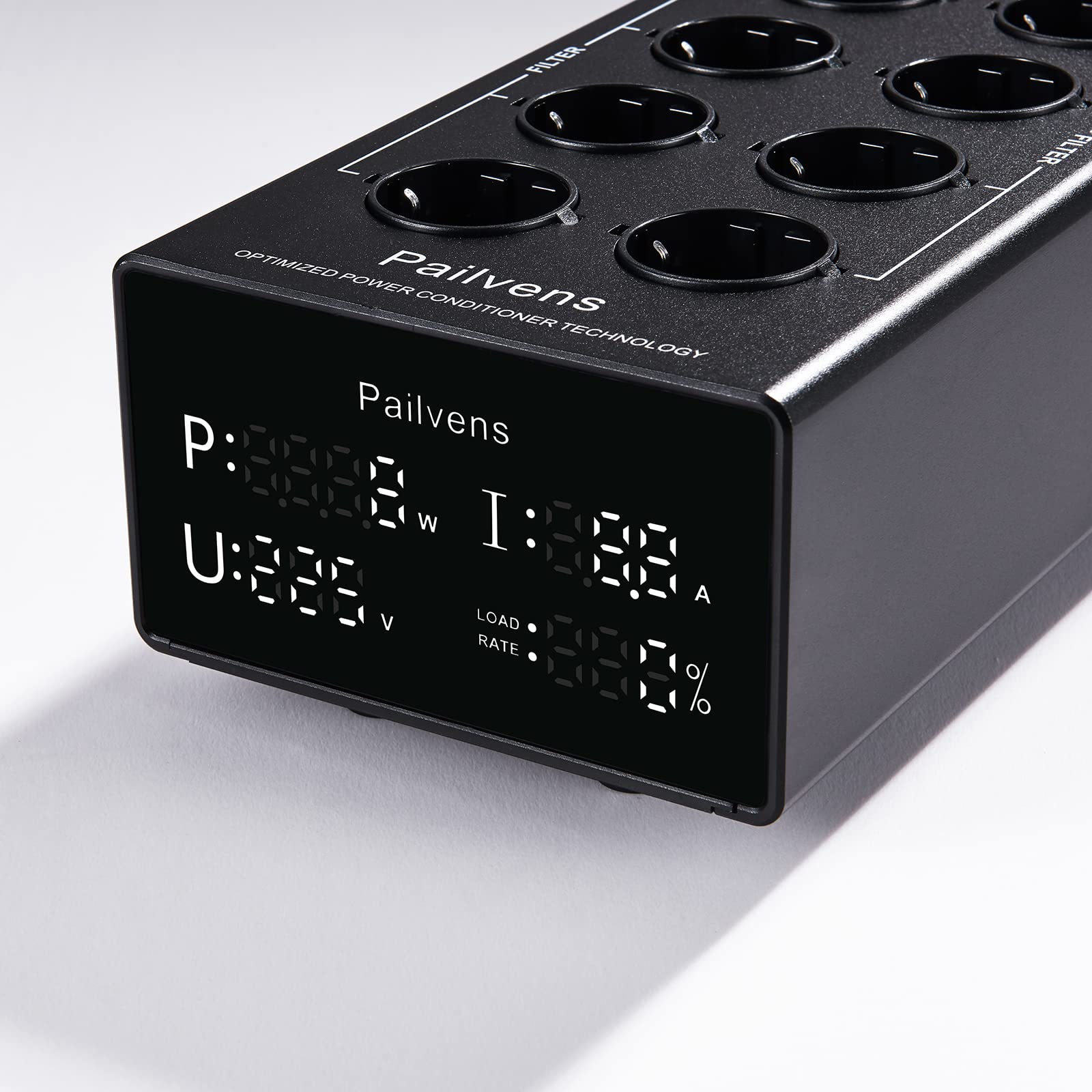 HiFi Netzfilter Steckdose mit großer LCD-Anzeige, 8-Fach, Schwarz