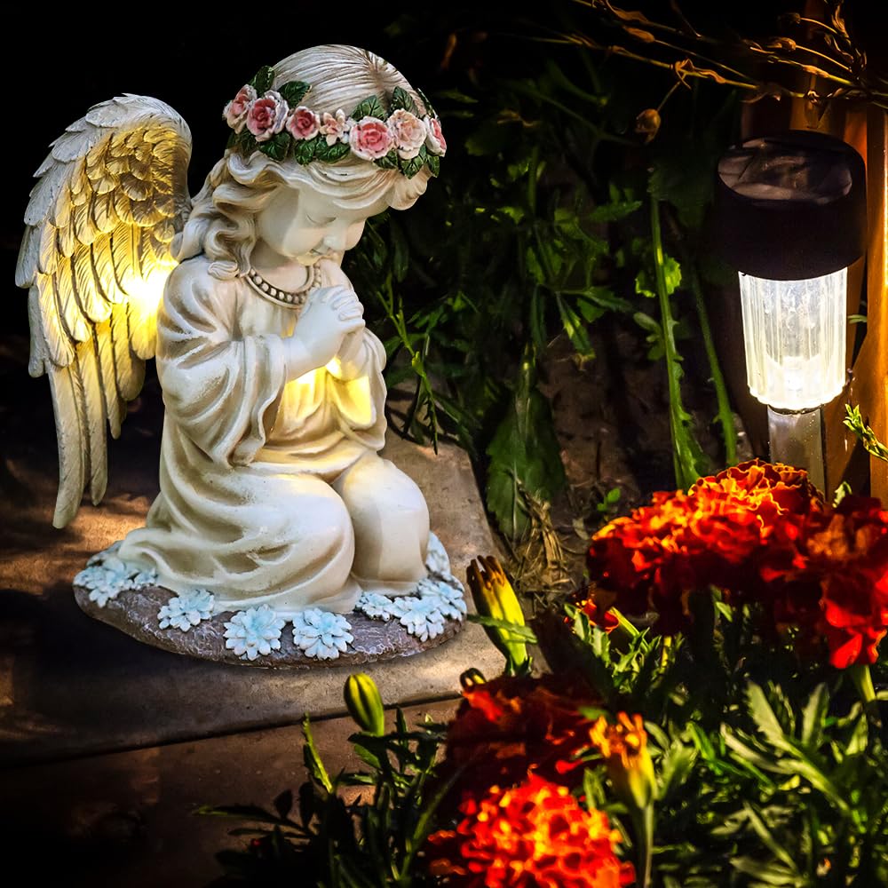 Engel für Grab Wetterfest, Solar Engel Figur, Grabengel Wetterfest mit Led Solarleuchten, wasserdichte Betende Grabengel, Grabschmuck Wetterfest für Friedhof Outdoor Gartendekoration 20,5cm