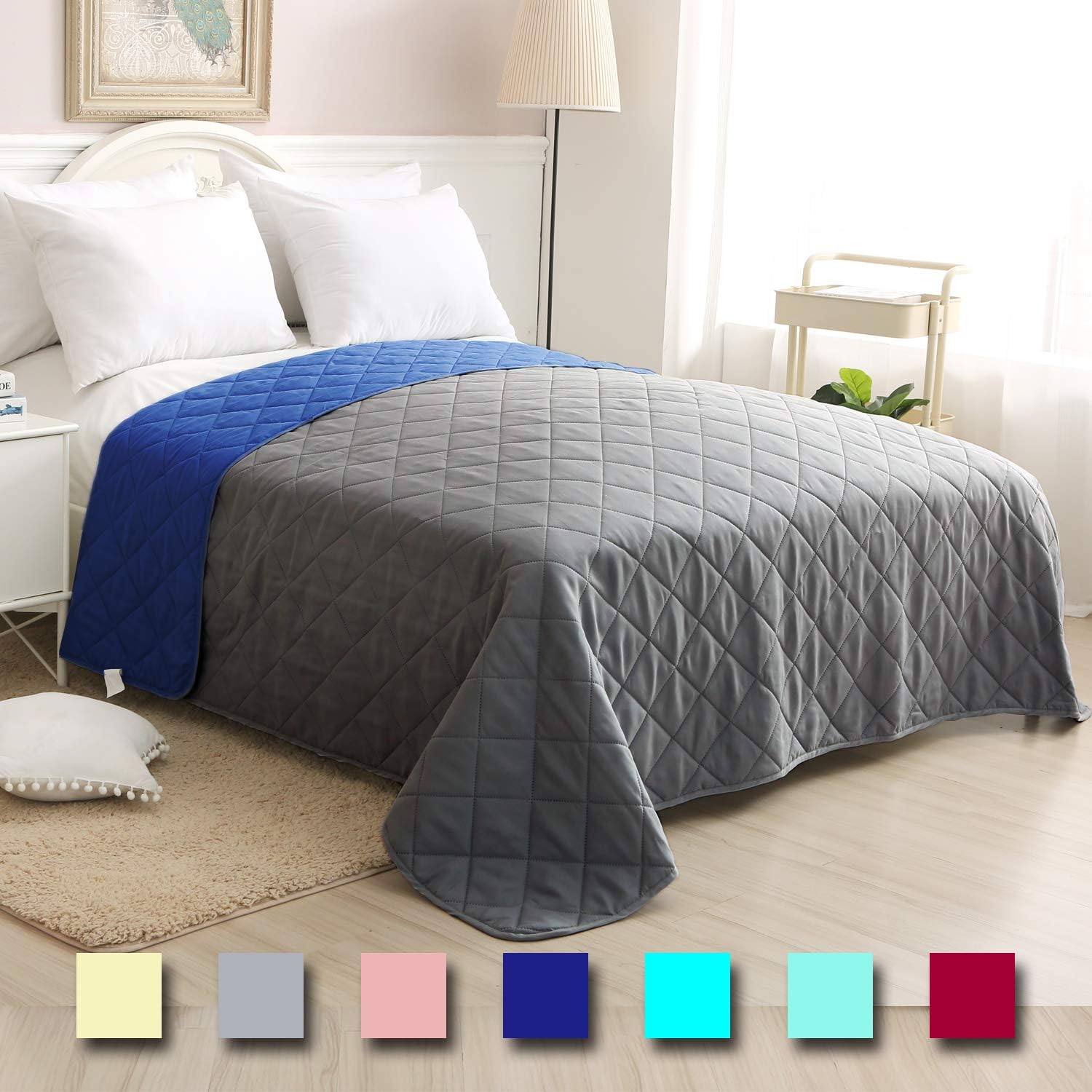 CottonTex Reversible Bedspread Solid Blue/Grey,King Size 102x86 Inches Diamond Pattern Lightweight Hypoallergenic Microfiber Bed Coverlet Alternative Quilt
