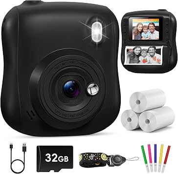 Hangrui Kids Camera Instant Print with 32GB Card for Girls & Boys Age 3-8 | 3 Rolls Print Paper, HD 1080P Video Digital Toddler Toys, Christmas Birthday Gifts for Children 3 4 5 6 7 8 Years Old, Black