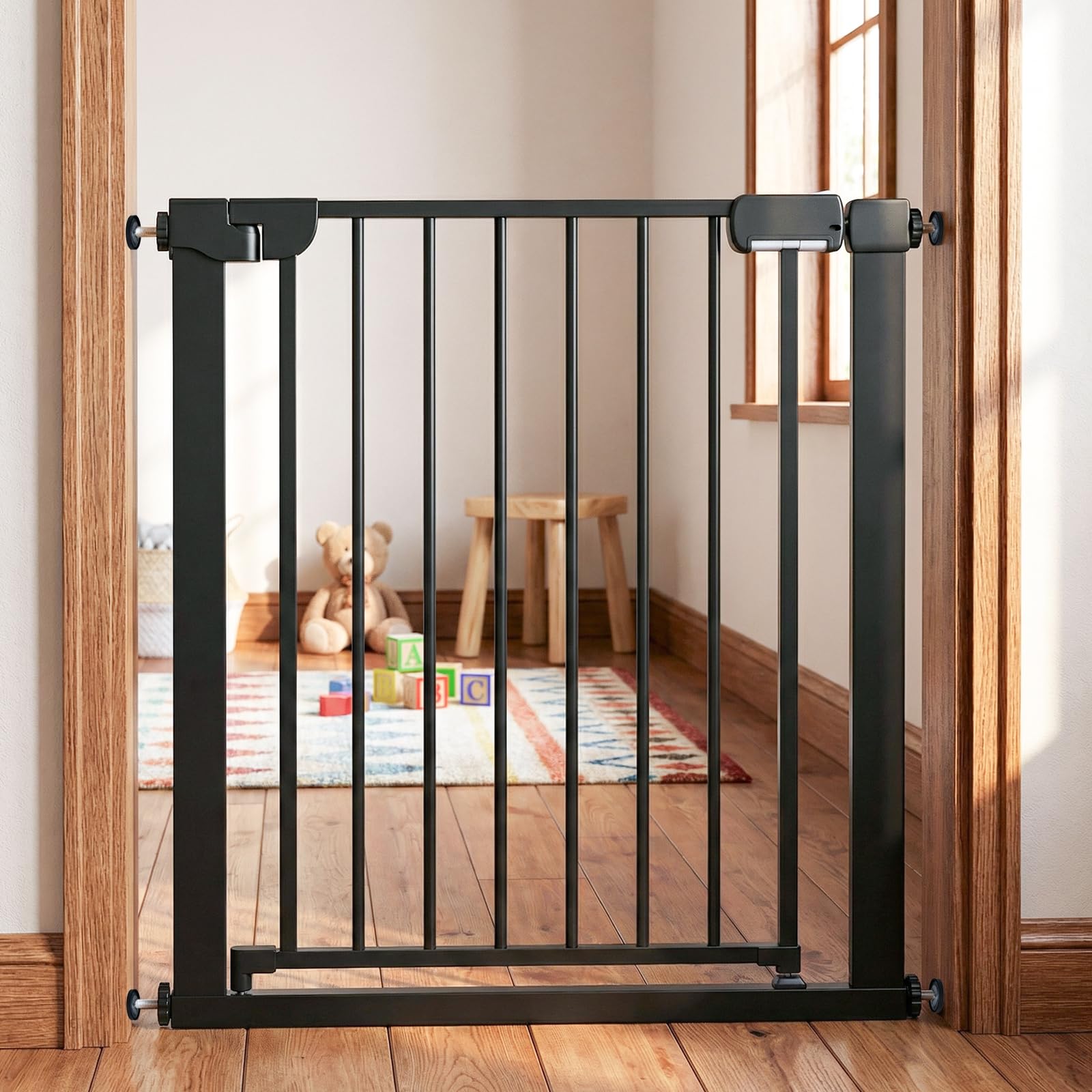 GYMAX Baby Safety Gate, 75-82cm Pressure Mounted Stair Gates with Dual Locks, One Hand Opening Metal Walk Through Dog Gate for Kids Pets, No Drilling Needed (Black)