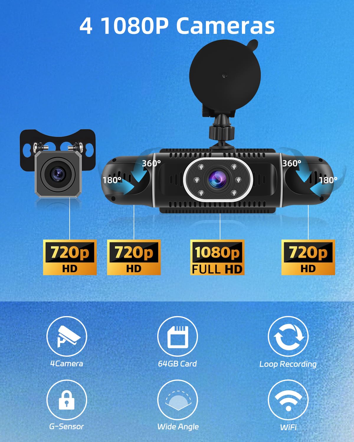 NHOPEEW Dash Cam a 360° a 4 canali per auto - Videocamera da cruscotto 1080P con controllo tramite app Wi-Fi, visione notturna/registrazione in loop/monitoraggio parcheggio/sensore G