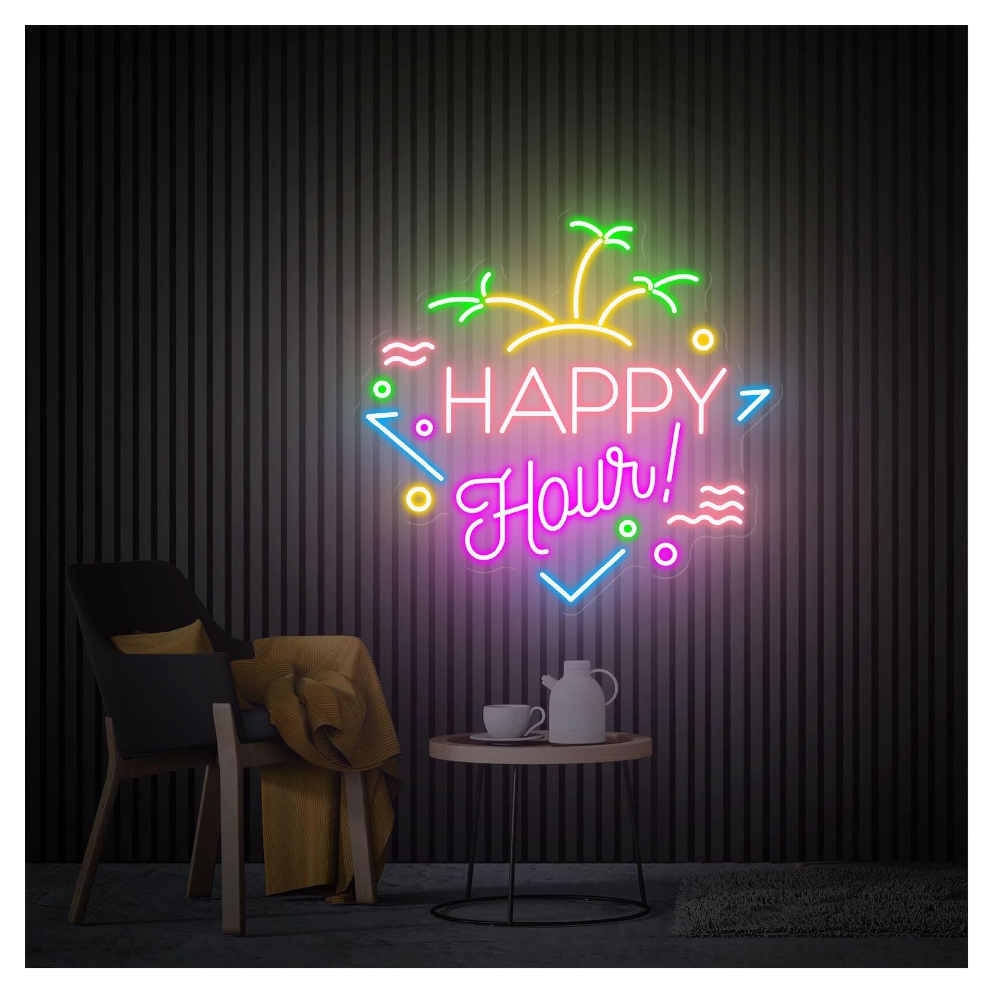 RONGCH Hanging Art Signs Happy Hour Neon Sign,Suitable for Beach House Wall Decor with Dimmable 48cmx50cm(B)