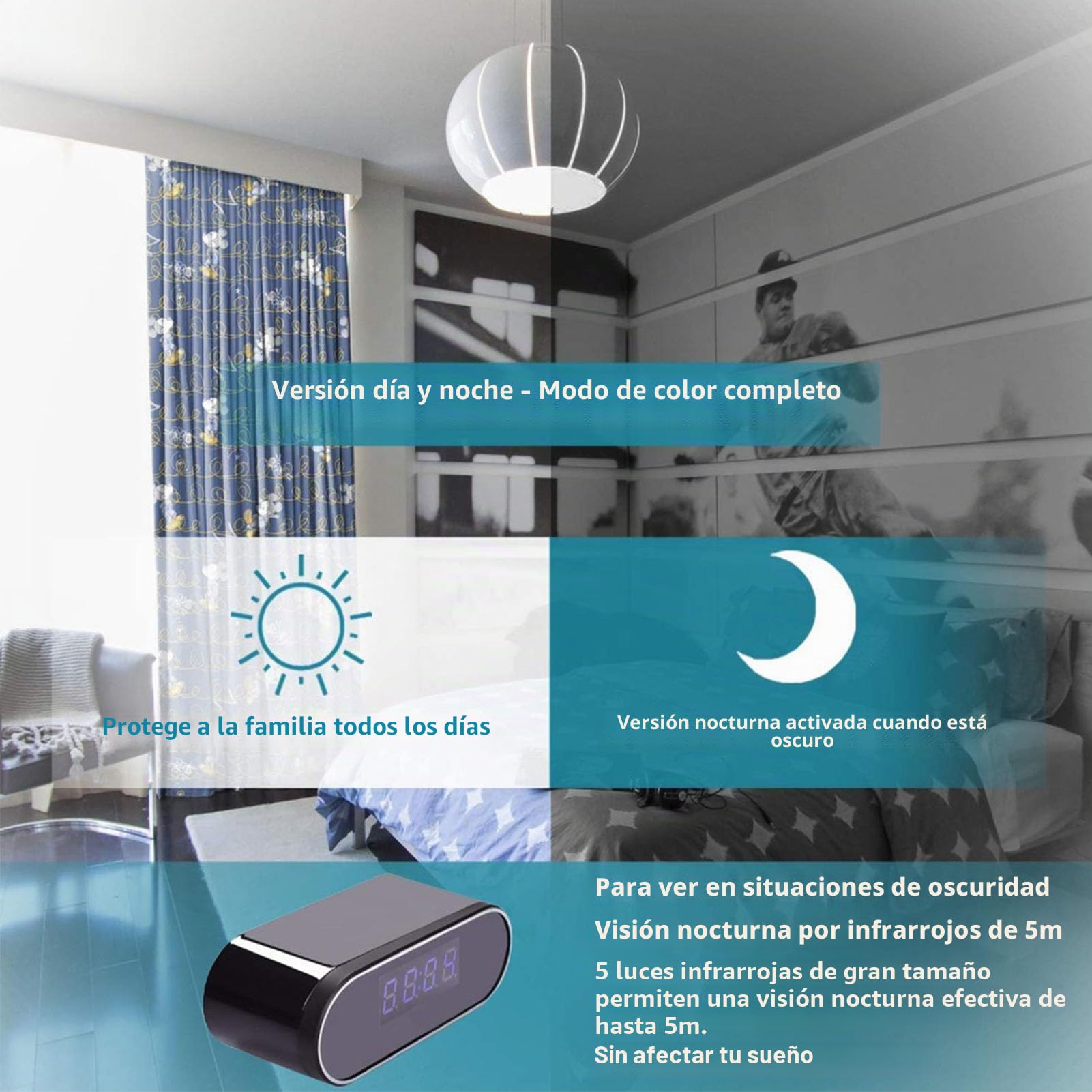 Lazmin112 Reloj con Cámara WiFi, Grabación de Vídeo 4K con Enfoque Automático y Detección de Movimiento, Lente Gran Angular de 130 Grados, Visión Nocturna de hasta 8 M, Batería Integrada