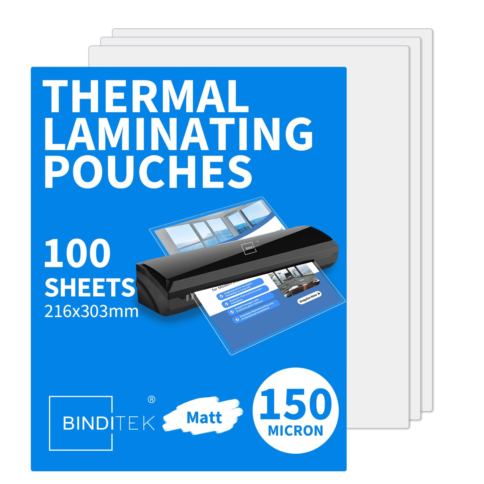 Binditek A4 Matt Laminating Pouches, 150 Micron Anti-Glare Laminating Sheets, Non-Reflective Finish for Certificates, Menus, Signs, Photos and Documents, 100 Pack