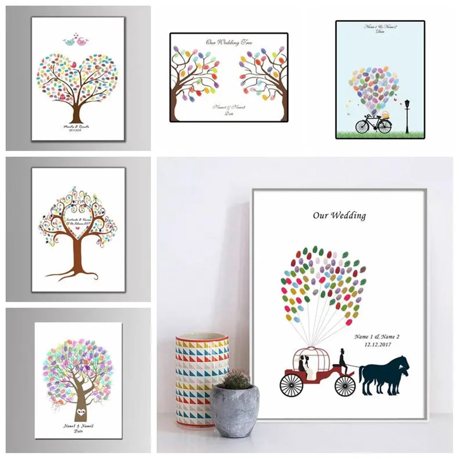 Hochzeits Fingerabdruck Baum Hochzeit Fingerabdruck Baum Leinwand Malerei DIY Gästebuch for Party Dekor(Color06,60x80cm 24x32inch)
