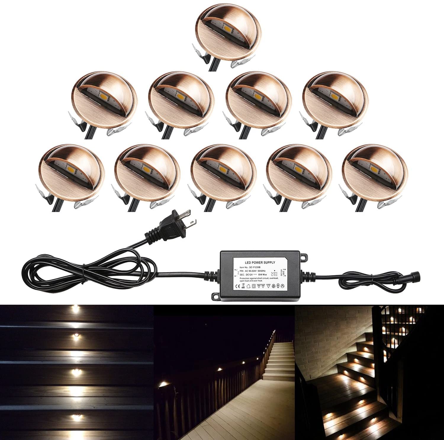 LED Éclairage de Sécurité Grande pour Terrasse Enterré Plafonnier, Lampe Extérieur Déco Pour Chemin Bassin Piscine DC 12V Etanche IP65 Bronze (Pack 10, Blanc Chaud)