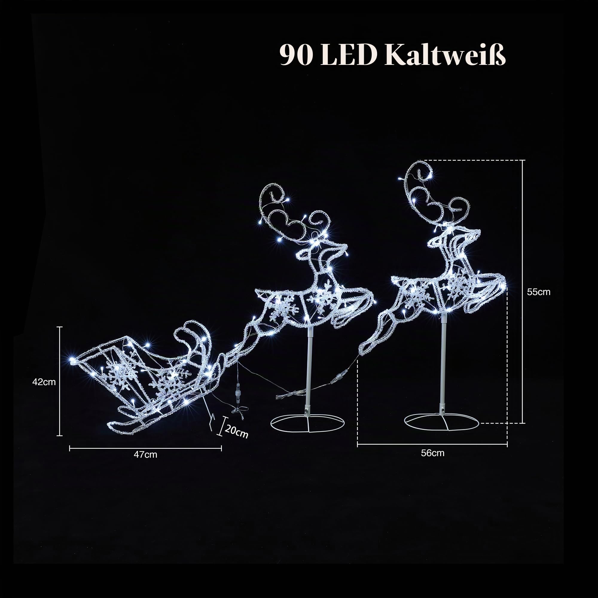 Hometopia LED 2 Rentiere mit Schlitten mit 250 LEDs 55 cm – Leuchtende Weihnachtsdekoration für Innen und Außen
