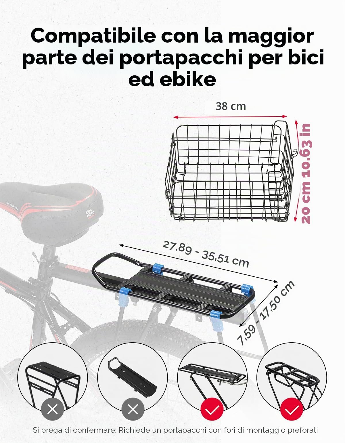 KEMIMOTO Cestino Posteriore per Bici per Cani e Gatti, Trasportino Pieghevole per Animali Fino a 9KG con Telaio in Metallo, Cestino Bicicletta per Animali Domestici con Strisce Riflettenti, Cuscino