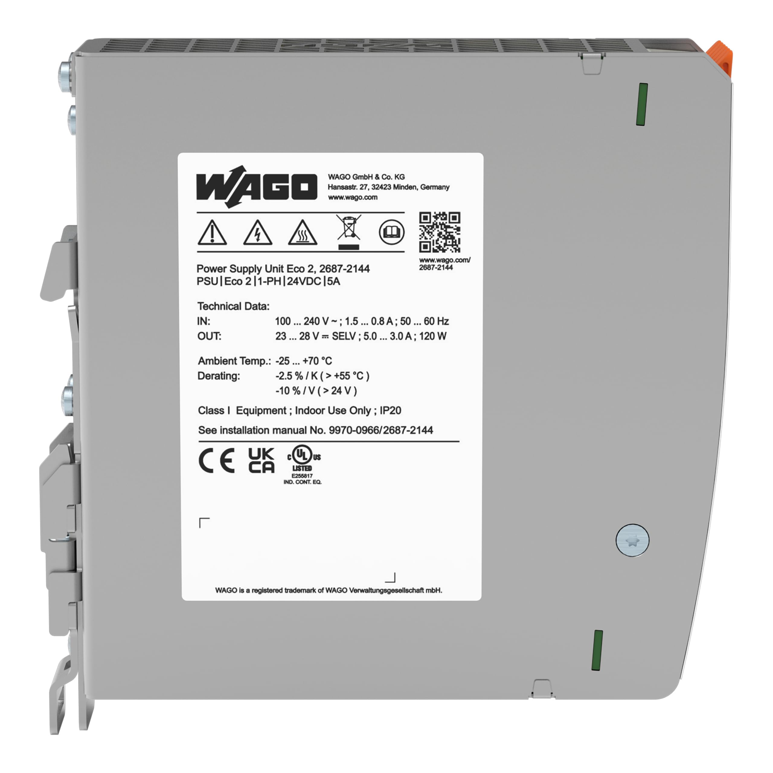 WAGO Fuente de alimentación compacta ECO 2687-2144 | monofásica, fuente de alimentación de riel DIN (riel DIN), DC 24 V, 5 A, contacto DC-OK