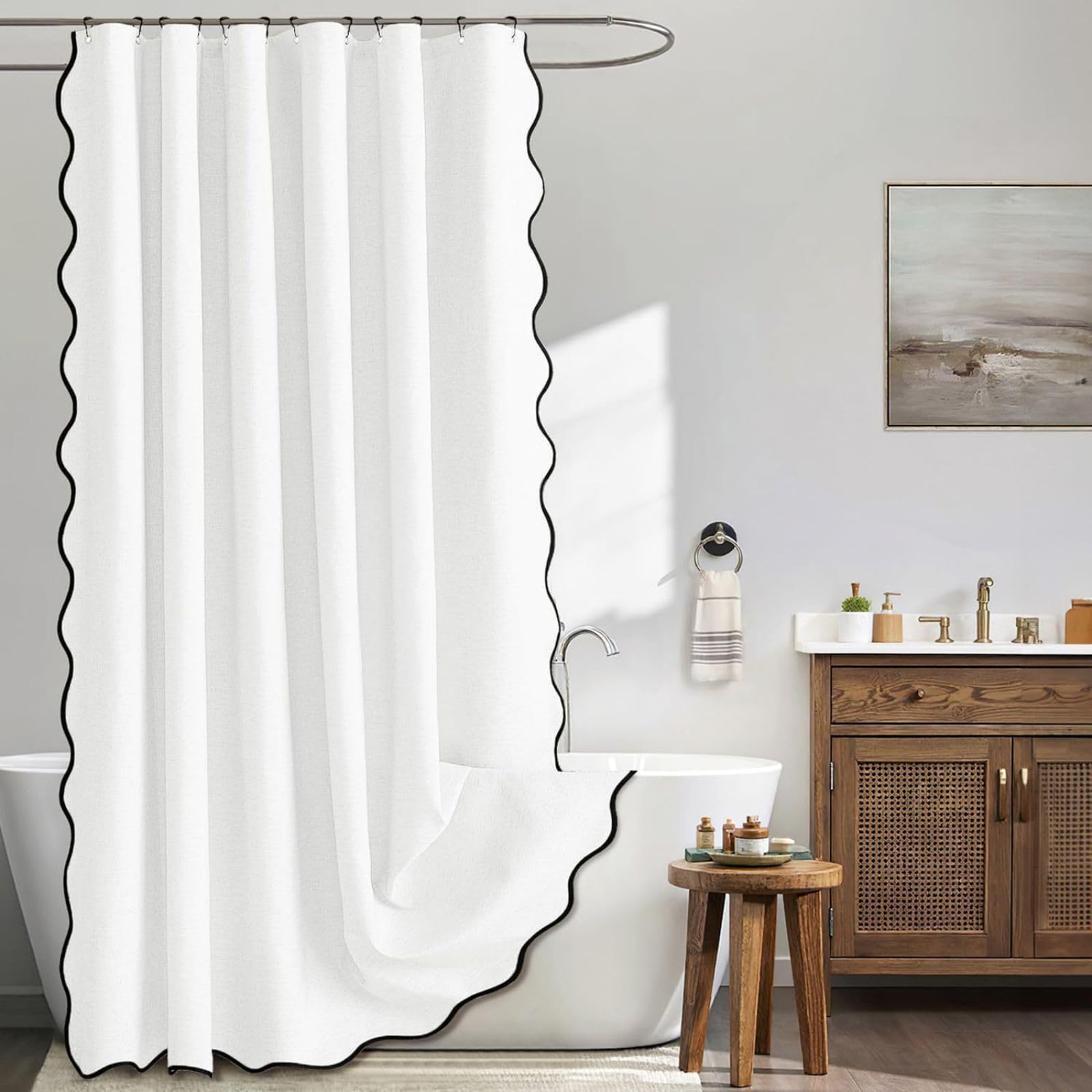 Linen Shower Curtain With Scalloped Edge,Waterproof Bathroom Curtains