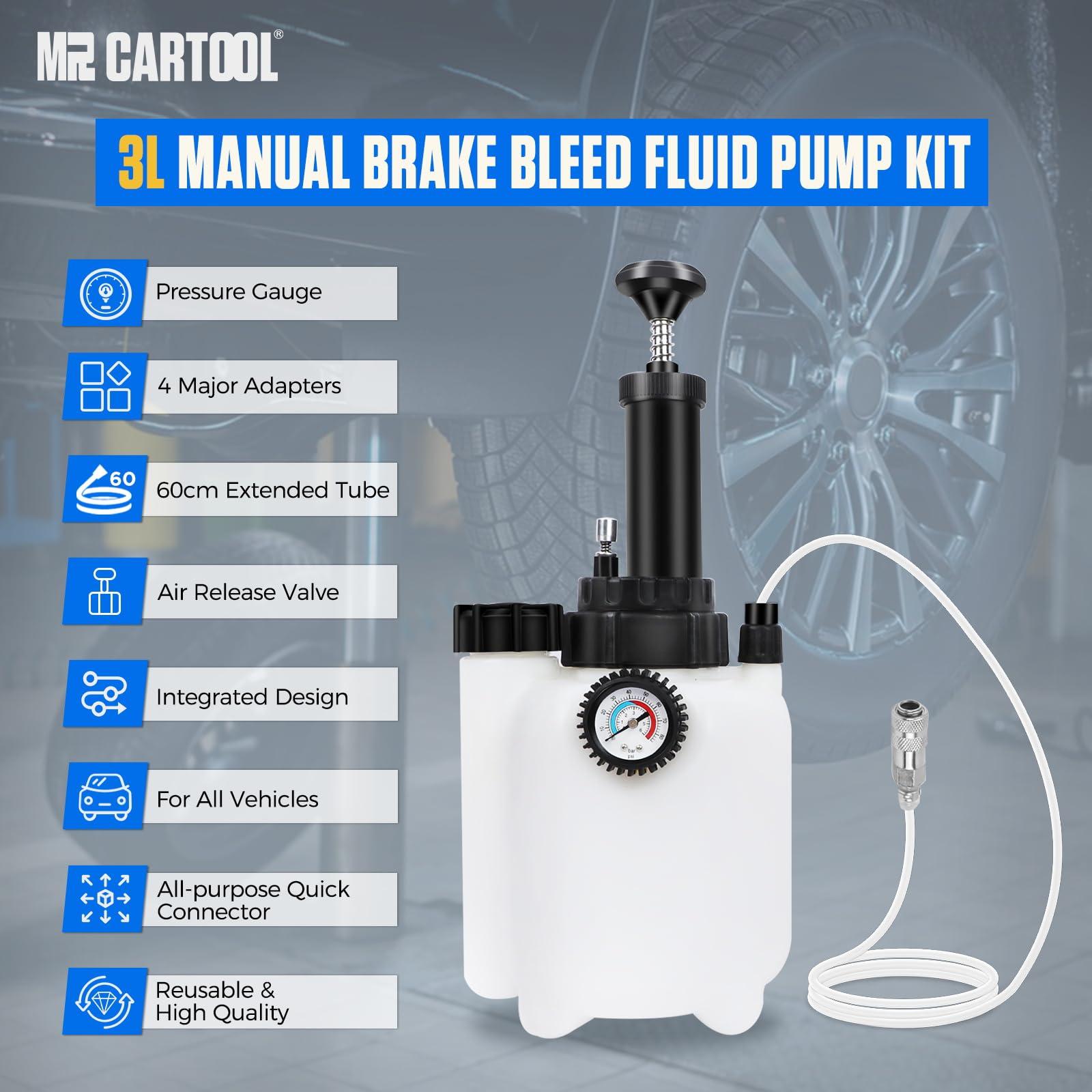 MRCARTOOL Kit de Purga de Frenos Manual de 3 L, purgador de líquido de Frenos automotriz, purgador de presión Manual con Extractor de líquido de Frenos de 1 litro y 4 adaptadores de Cilindro E20 para
