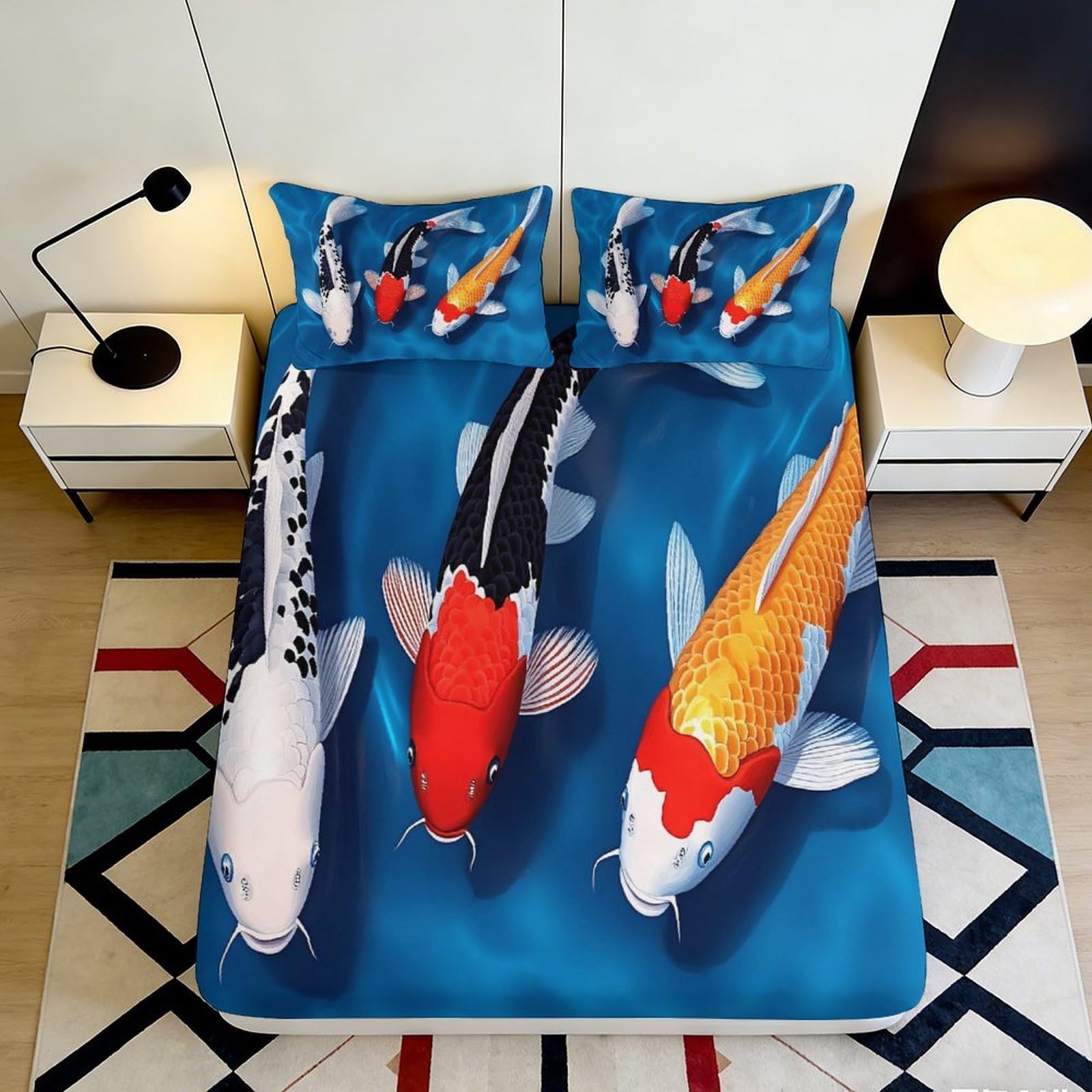 3D Printed Koi Fish Fitted Sheet Microfiber Soft Durable 3D Printed Carp Mattress Cover for Bedroom Dormitory Guest Room Protection and Decoration 200x200x25cm
