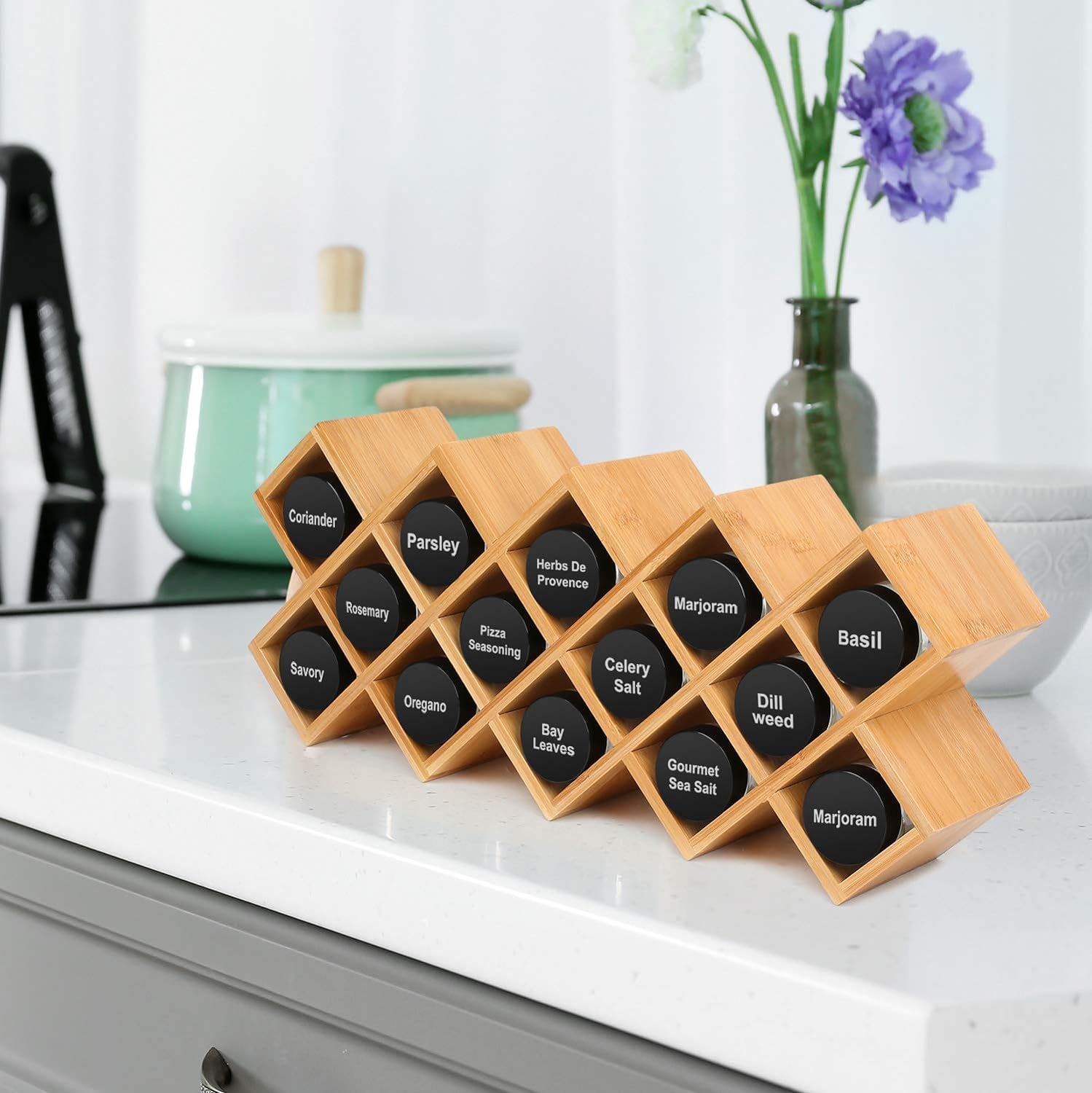 Portaspezie Portacondimenti 14 griglie Portaspezie in bambù Organizzatore da bancone Scaffale da scrivania incrociato adatto per barattoli di spezie, bottiglie, contenitori da cucina, organizer per