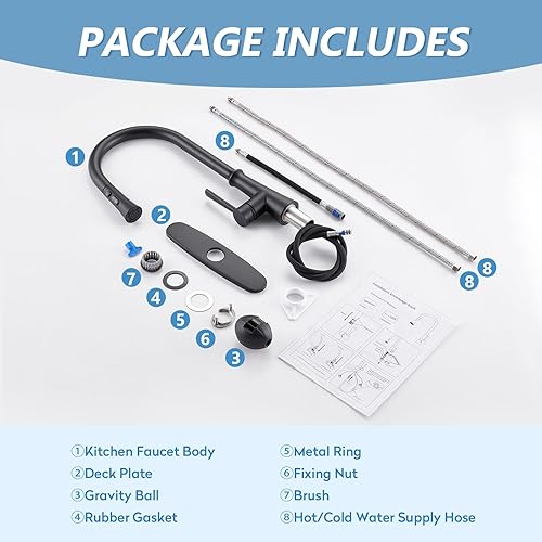 Miniatura 8 de Grifo de cocina de acero inoxidable con rociador extraíble, grifo de fregadero de cuello de cisne de arco alto con cepillo de limpieza, níquel