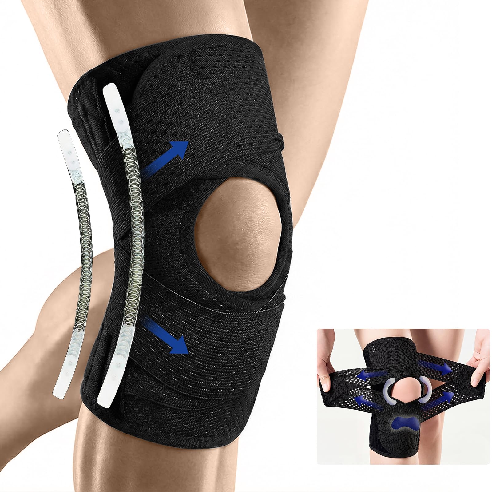 Tutore Ginocchio con Stabilizzatori Laterali e Supporto Rotuleo, Ginocchiera Regolabile con Cinghie Incrociate, Supporto Compressivo per Menisco, ACL, Artrosi e Sport