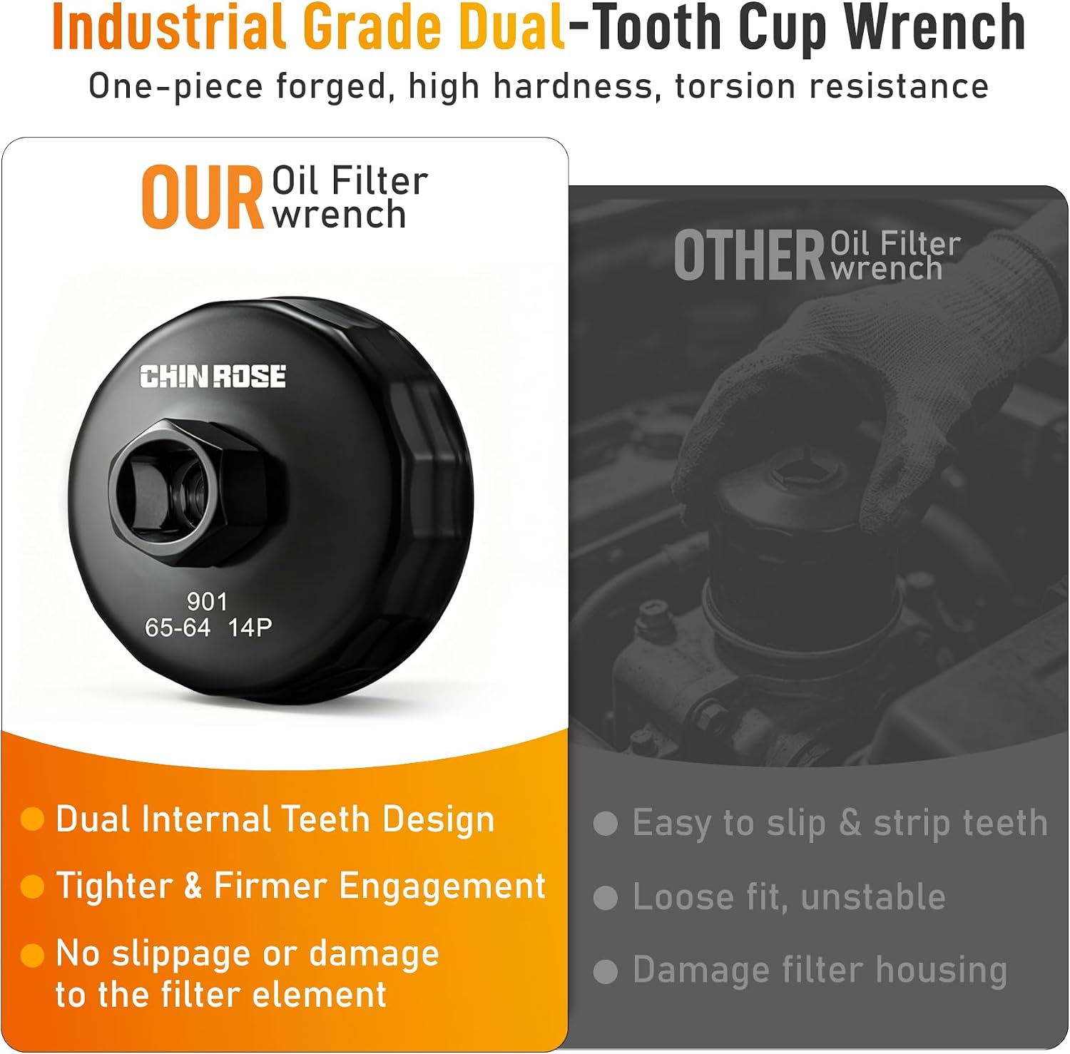64-65mm Oil Filter Wrench, 14 Flutes, 1/2 Inch Square Drive | Heavy-Duty, Oil Filter Socket Wrench, Flute Oil Filter Removal Tool