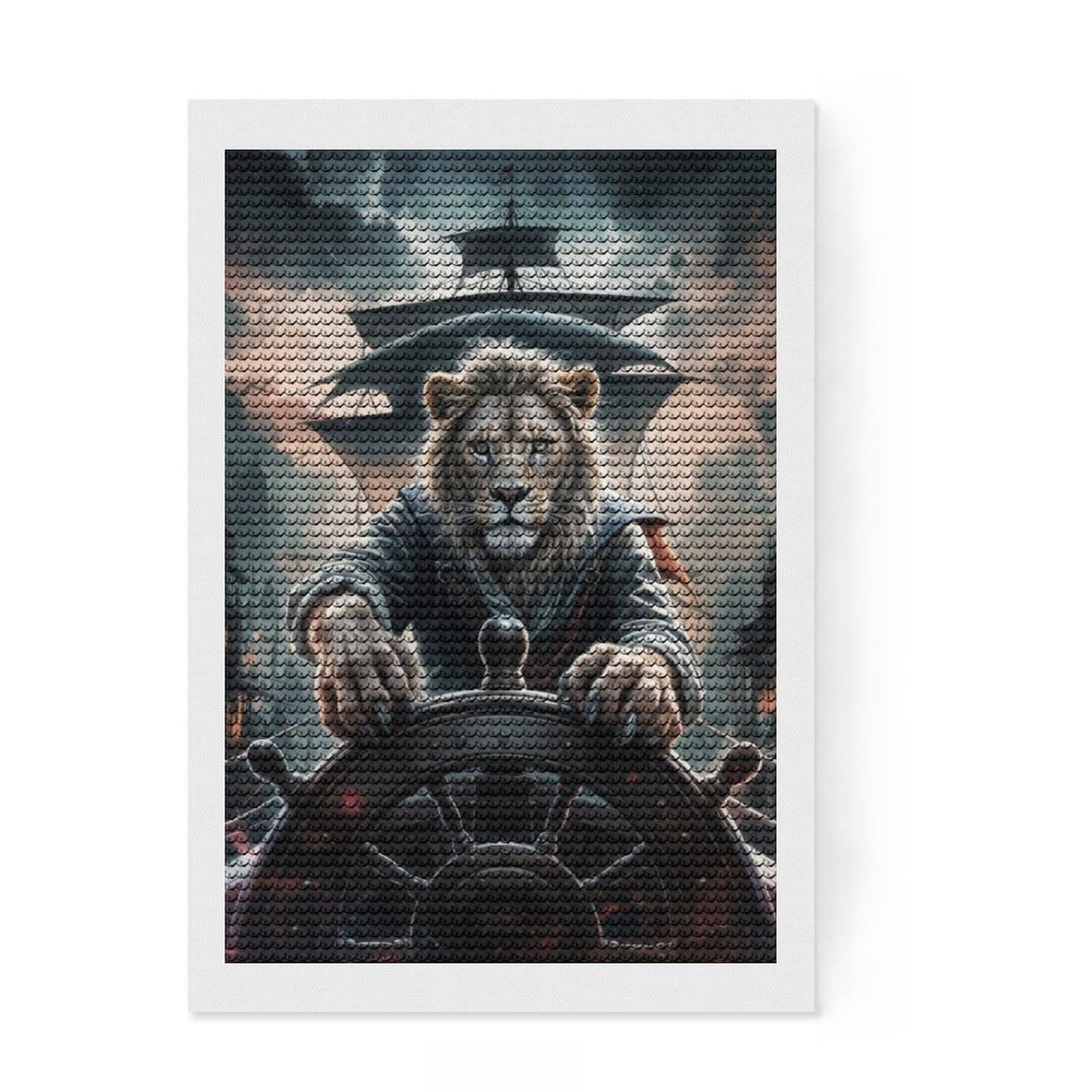 Junmoney Lion Captain at The Helm 5D Diamond Painting Kit 8"x12", Round Gems, Aesthetic Room Decor, Seasonal Gift Choice, Gift Idea, Leisure Activity