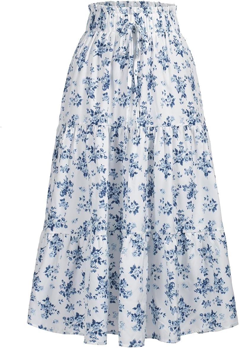 MSLG Women's High Elastic Waist Midi Skirt Casual Summer Trendy Tie Front Flowy Ruffle Floral Print A line Skirts 626