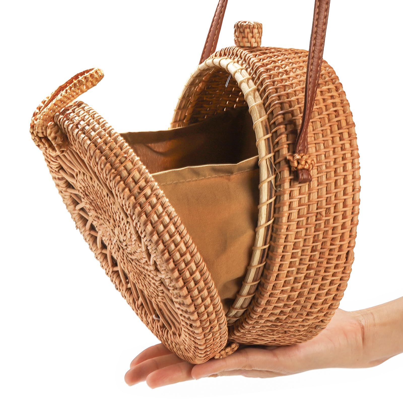 Okllen Borsa rotonda in rattan da donna, stile bohémien, intrecciata a mano, borsa a tracolla in paglia per vacanze estive