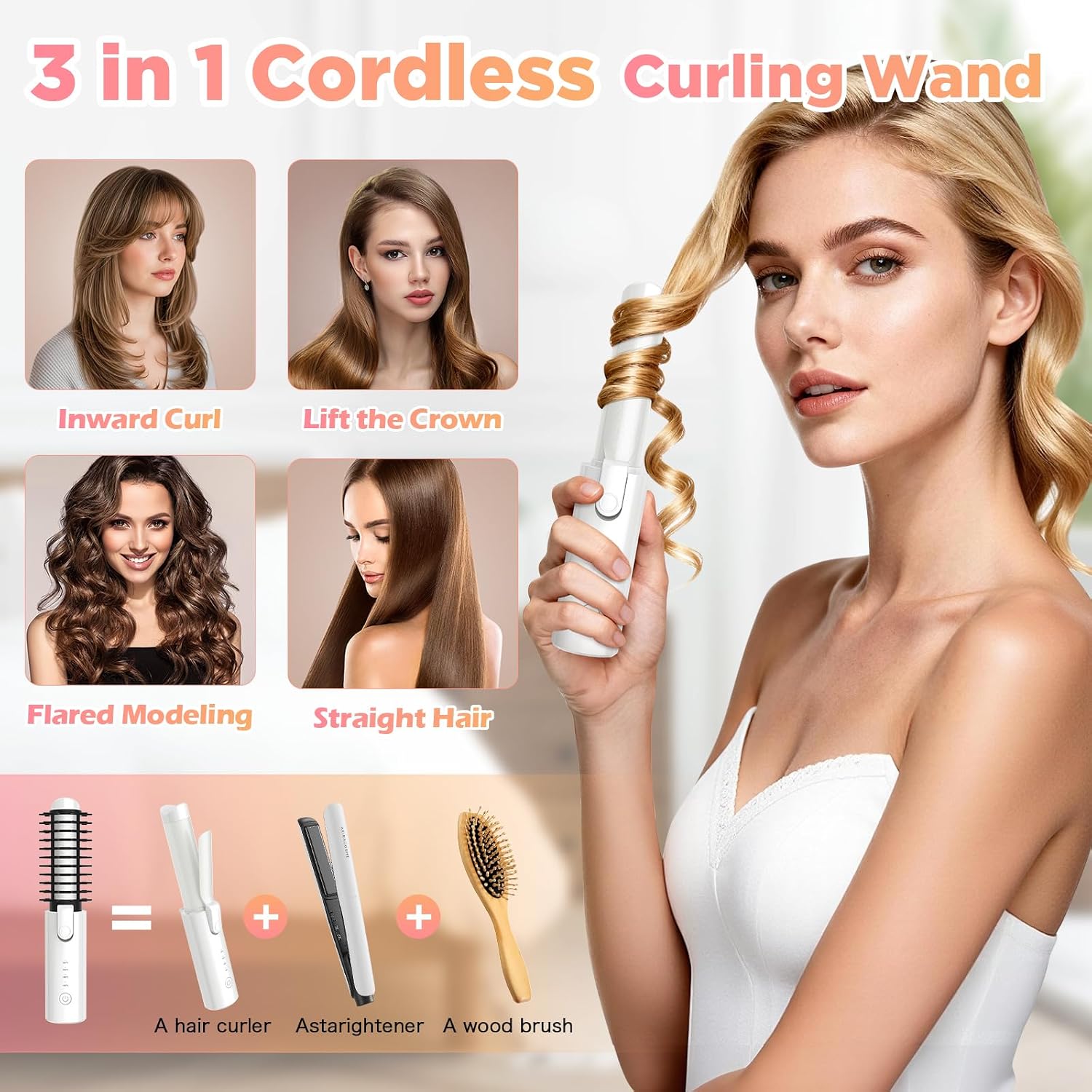 Cordless Curling Iron Rechargeable, 3-in-1 Portable Hair Curler Straightener Brush, 7000mAh with 4 Temps, Anti-Scald & Anti-Frizz Mini Curling Wand for Travel Styling (White)