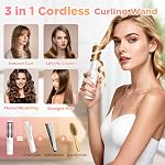Cordless Curling Iron Rechargeable, 3-in-1 Portable Hair Curler Straightener Brush, 7000mAh with 4 Temps, Anti-Scald & Anti-Frizz Mini Curling Wand for Travel Styling (White)