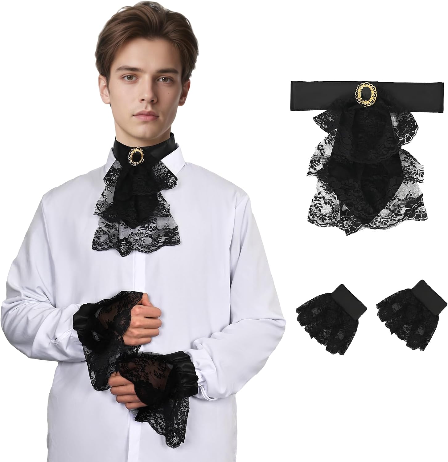 Victorian Lace Jabot and Cuffs Set Colonial Lace Ruff Collar Steampunk Costume Pirate Stage Party Costume Accessory
