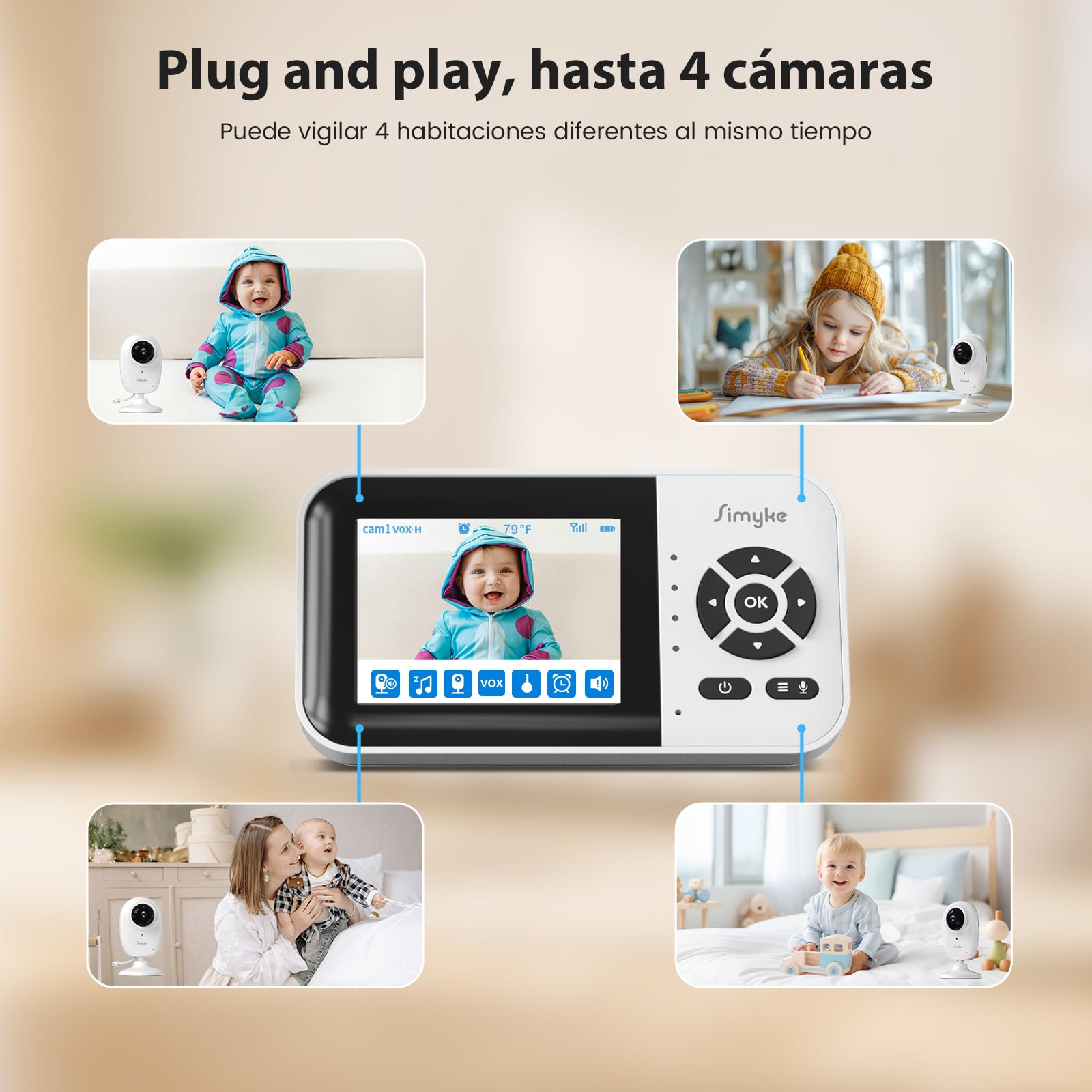 Monitor de Bebé Inteligente con Cámara y Audio, Modo Doble, Interruptor WiFi, Pantalla de 2.8 Pulgadas, App, Cámara 1080p, Alcance de 450 Metros, Visión Nocturna, Comunicación Bidireccional