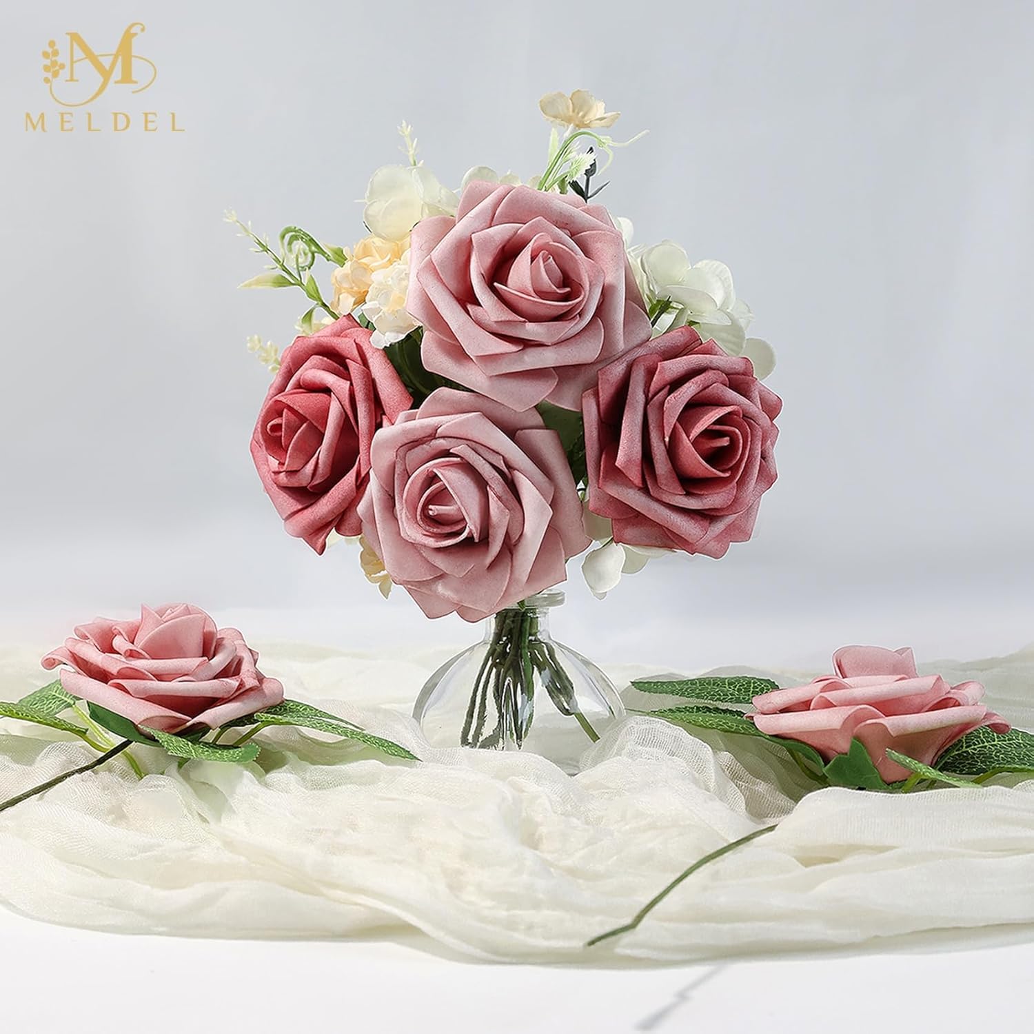Meldel Artificial Flower 25pcs Real Touch Blush Pink Rose Fake Foam Roses with Stems for DIY Wedding Bouquets Gifts Bridal Shower Faux Floral Centerpieces Arrangements Home Party Tables Decorations - Image 3