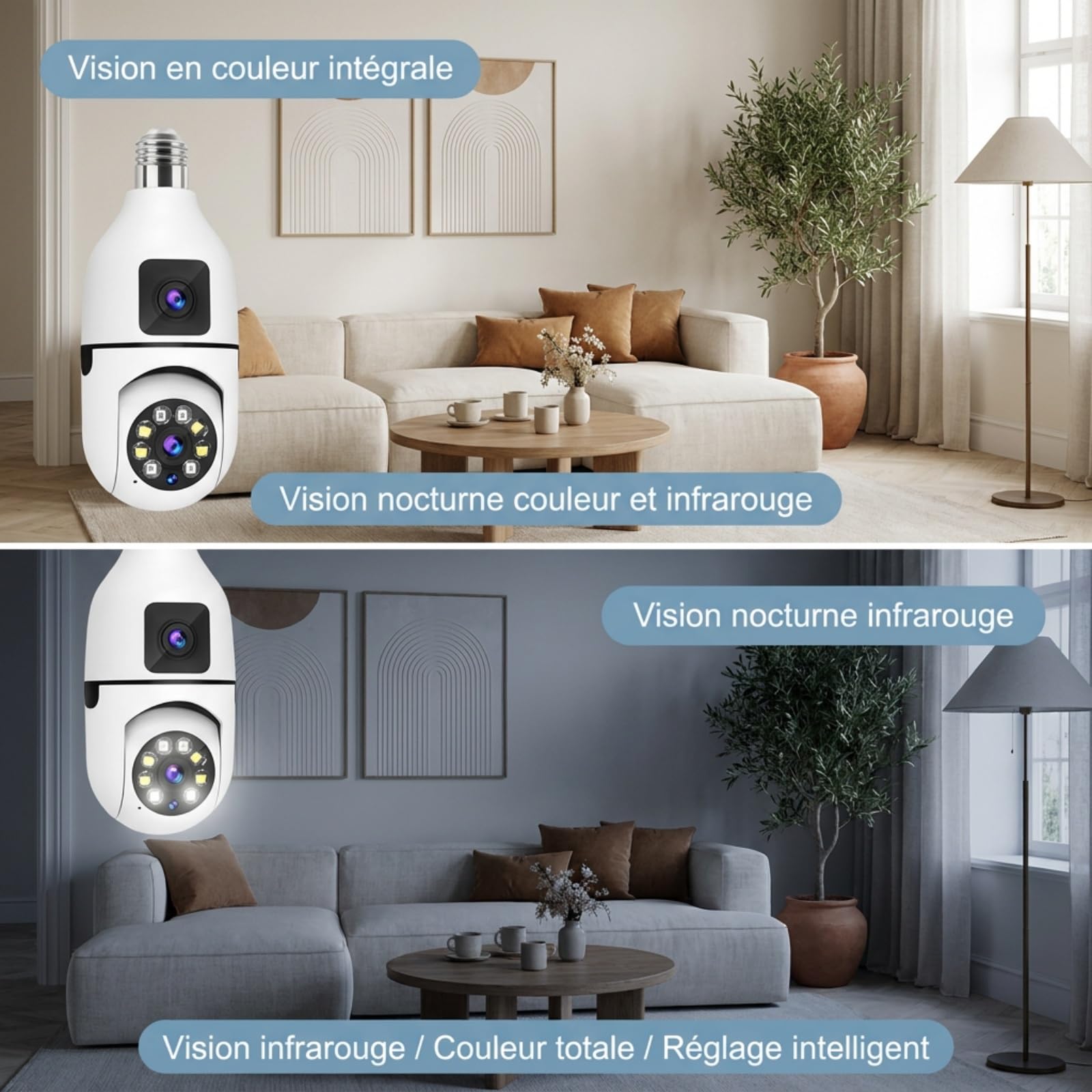 1080P HD Caméra Double Objectif Ampoule E27 WiFi 2.4G Intérieur Extérieure
