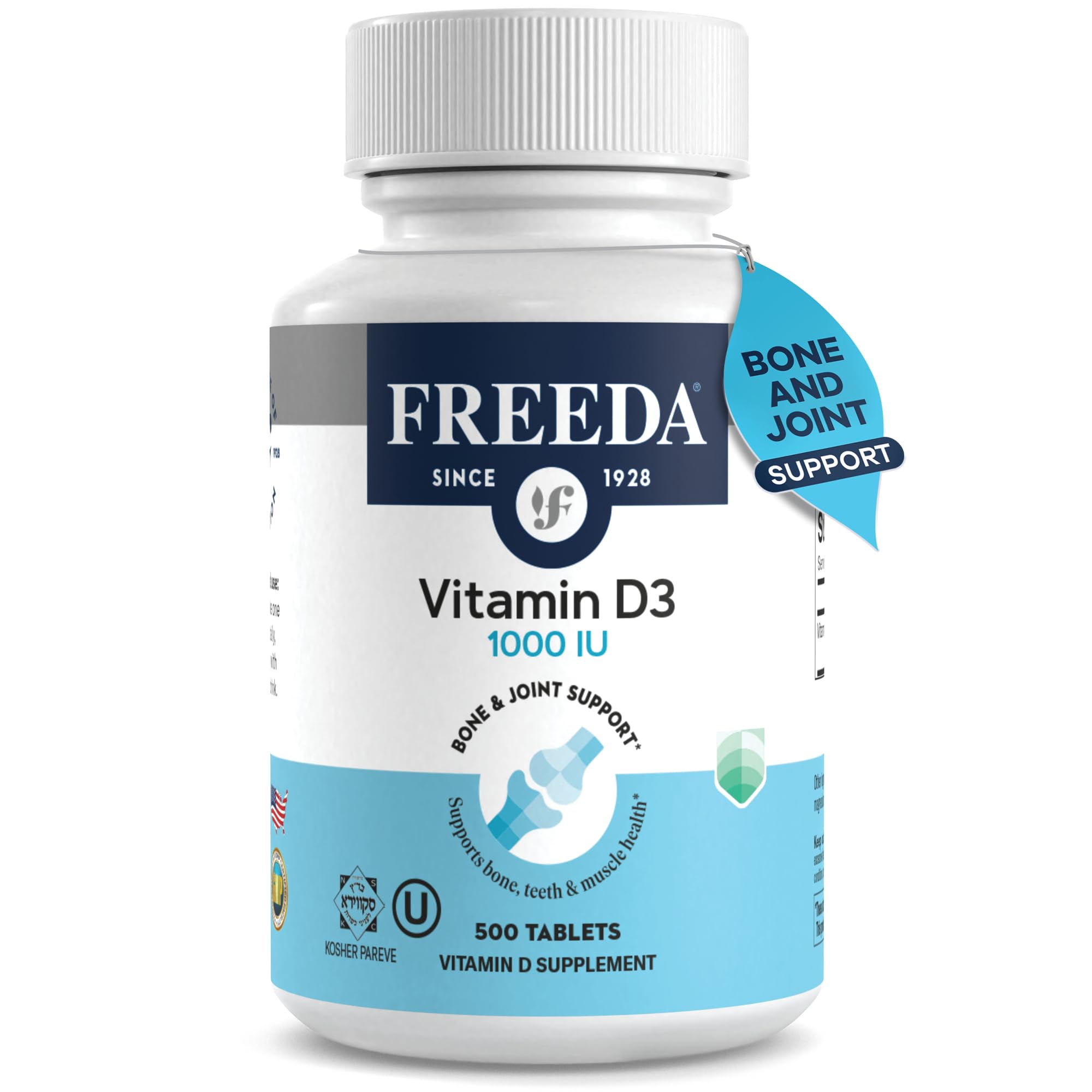 FREEDA Vitamin D3-1000 IU - Pure High Potency Kosher Supplement Tablets - Bone and Muscle Health, Calcium Absorption, Immune Support for Men and Women* - 500 Count