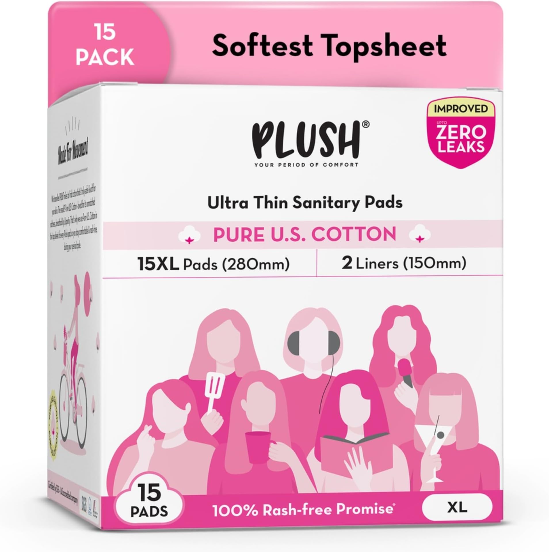 Ultra-Thin Extra Large Sanitary Napkins for Women, 15 Pcs | For Light-Medium Flow | 2 Panty Liners | 100% Rash-Free | Pure U.S. Cotton XL Sanitary Pads | No Fragrance | No Toxic-Chemicals