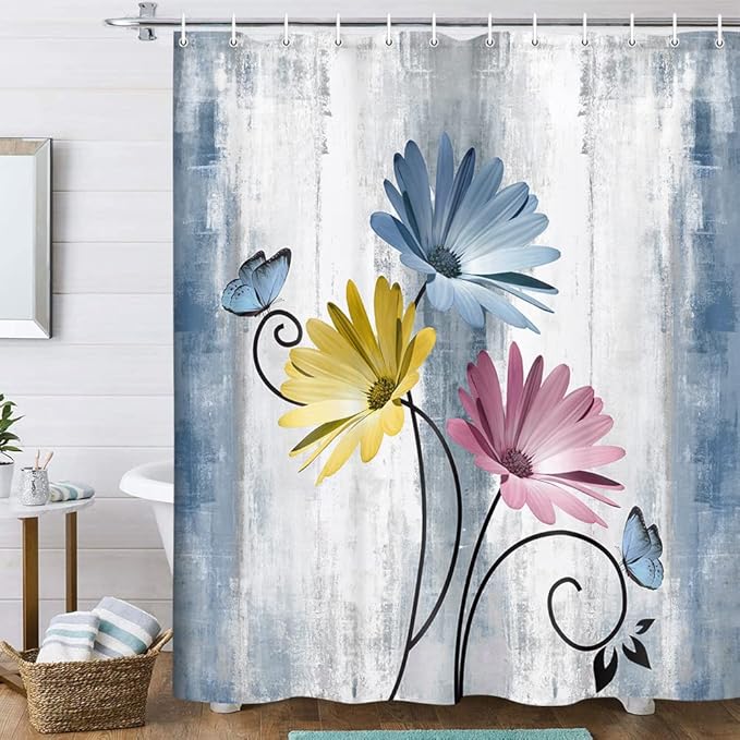 Rustic Farmhouse Shower Curtain, Farm Blue Daisy Floral