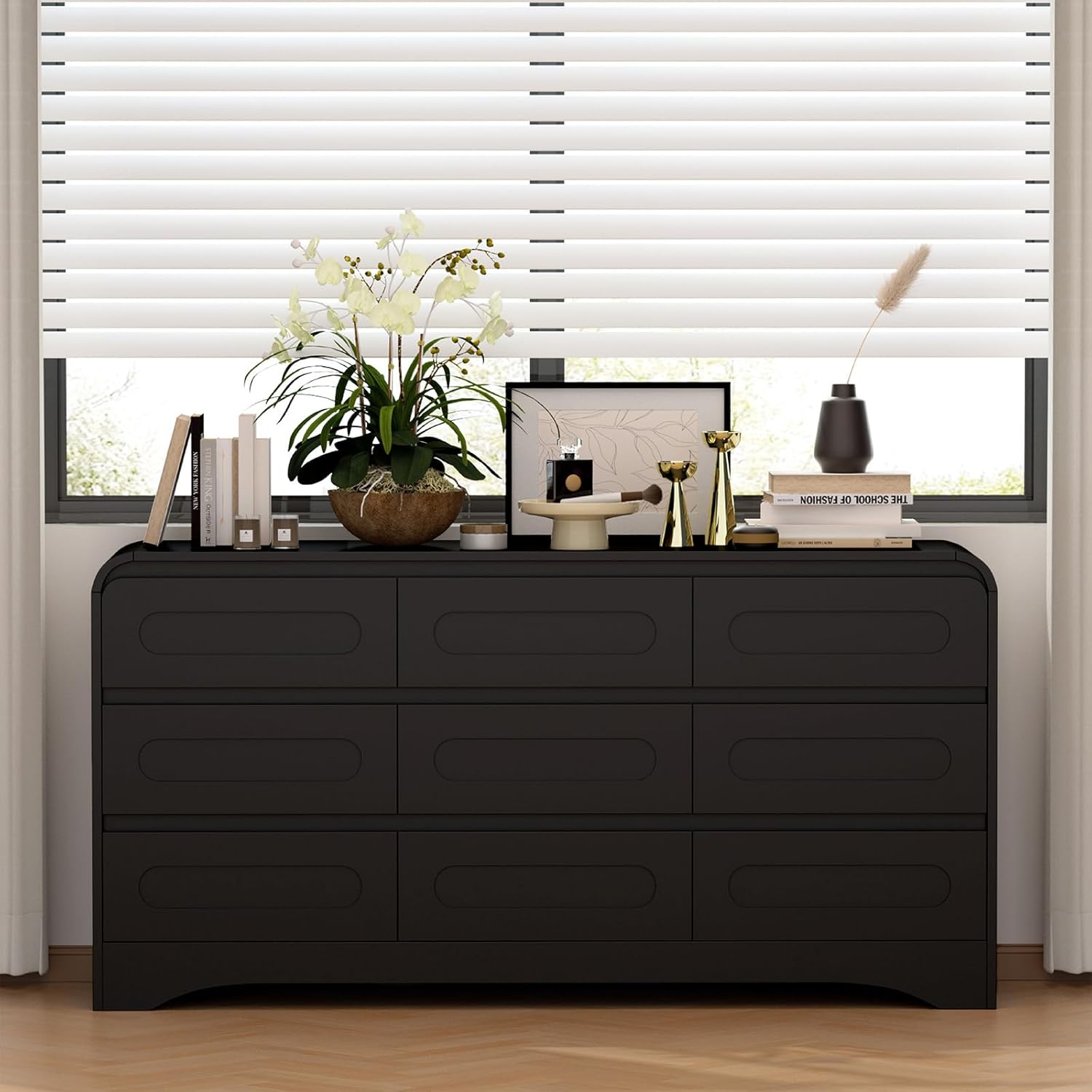 Dresser for Bedroom with 9 Drawers, 63" Large Modern Dressers & Chest of Drawers with Curved Profile Design, Wood Closet Clothes Storage Long Dressers Organizer for Bedroom Living Room Hallway, Black