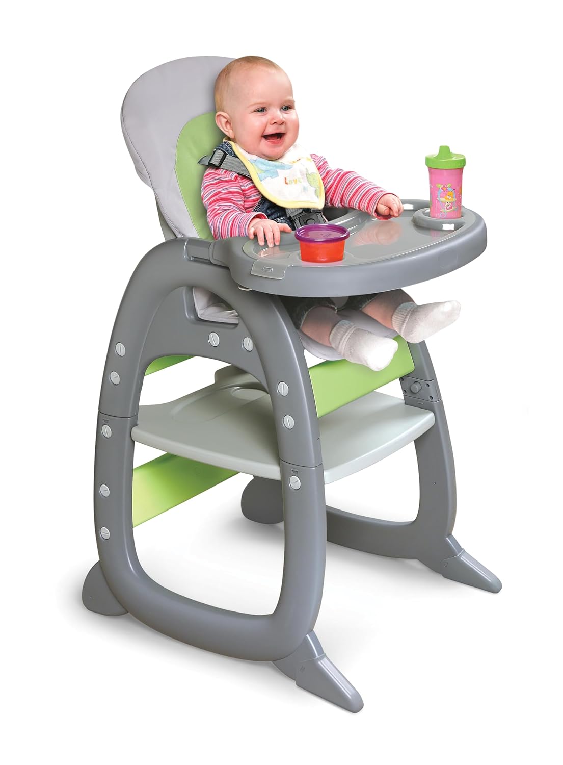 Badger Basket Envee II Convertible Baby High Chair – Infant Feeding Seat, Booster, and Toddler Desk with Tray and Cushion – Cool Gray/Green