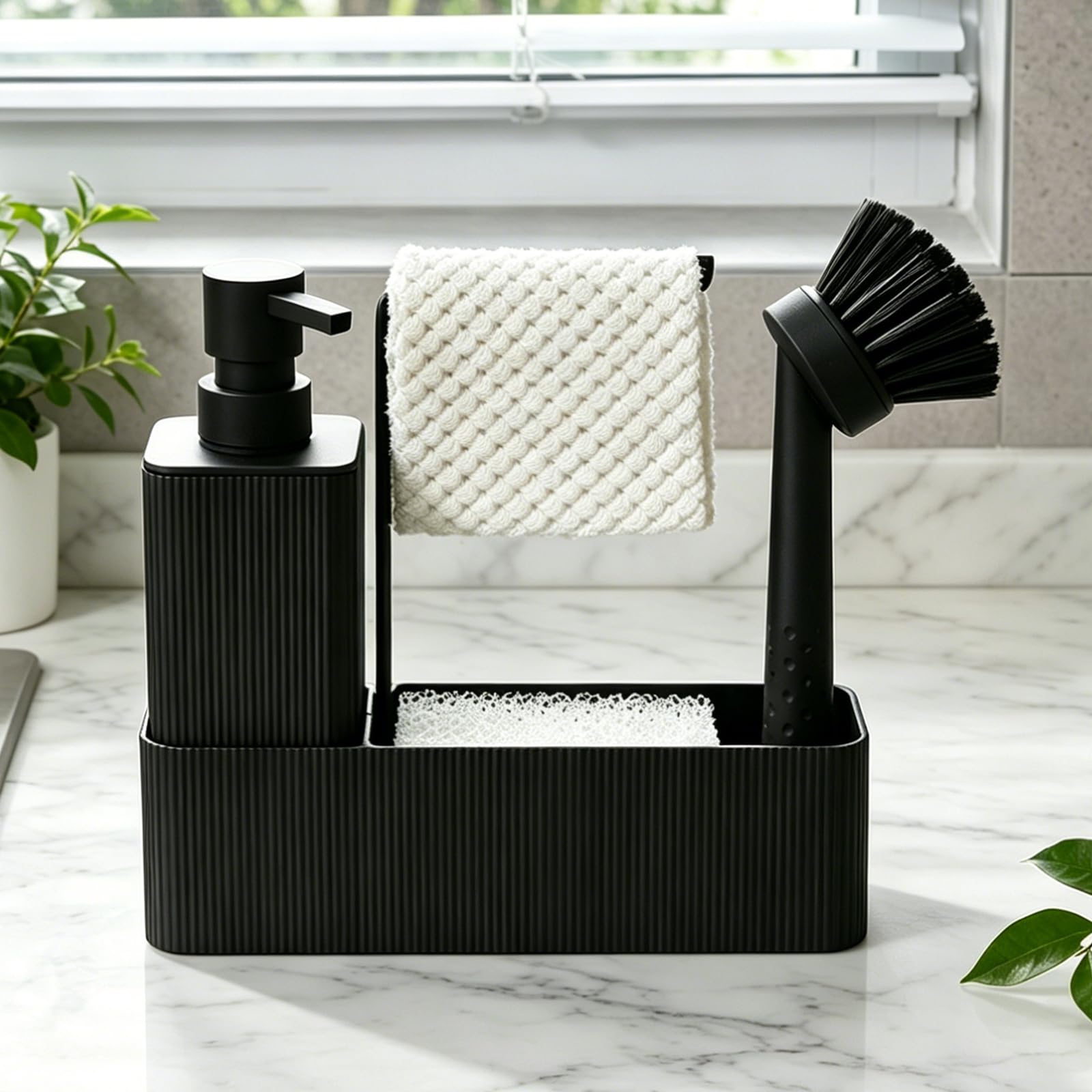 Dispenser Sapone Cucina con Porta Spugna e Spazzola, Dispenser Detersivo Piatti Nero, 4 in 1 Organizer Lavello Cucina (Nero)