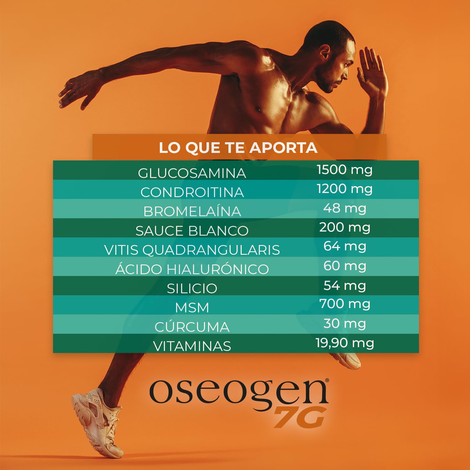 Drasanvi OSEOGEN 7G con Cissus Vitis, Condroitina, Glucosamina, MSM y Cúrcuma para Huesos, Cartílagos y Articulaciones,ayuda en la Regeneración de Tejidos Dañados, 20 Viales = 20 Días, Sabor Naranja