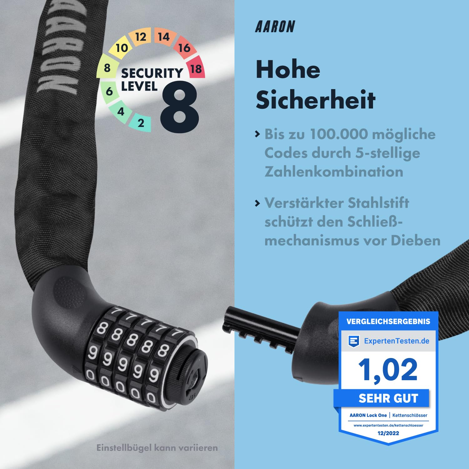 AARON Lock One Fahrradschloss mit 5-stelligem Zahlencode, Kettenschloss aus Stahl und hoher Sicherheitsstufe, Schloss für für E-Bike, Mountainbike, Trekkingrad, Tourenrad, Rennrad in schwarz